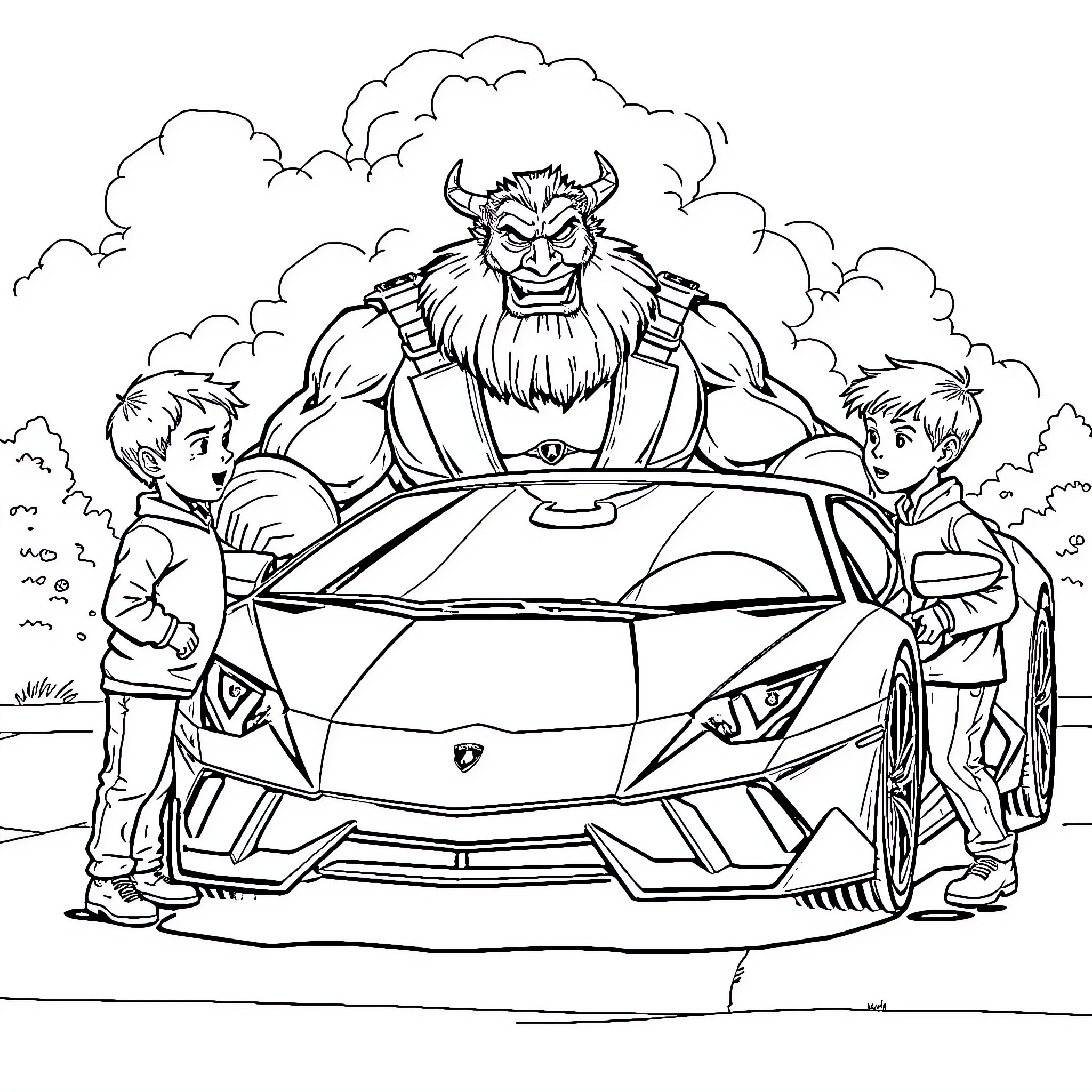 Mr Beast and his Monstrous Automobile Adventure Coloring Page (free black-and-white line drawing printable PDF for all, from beginners to advanced learners, including children, teens, adults, and seniors)