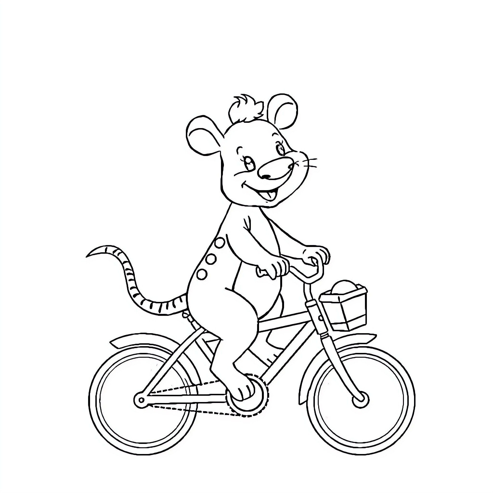 Mouse riding bicycle with present Coloring Page (free black-and-white line drawing printable PDF for all, from beginners to advanced learners, including children, teens, adults, and seniors)