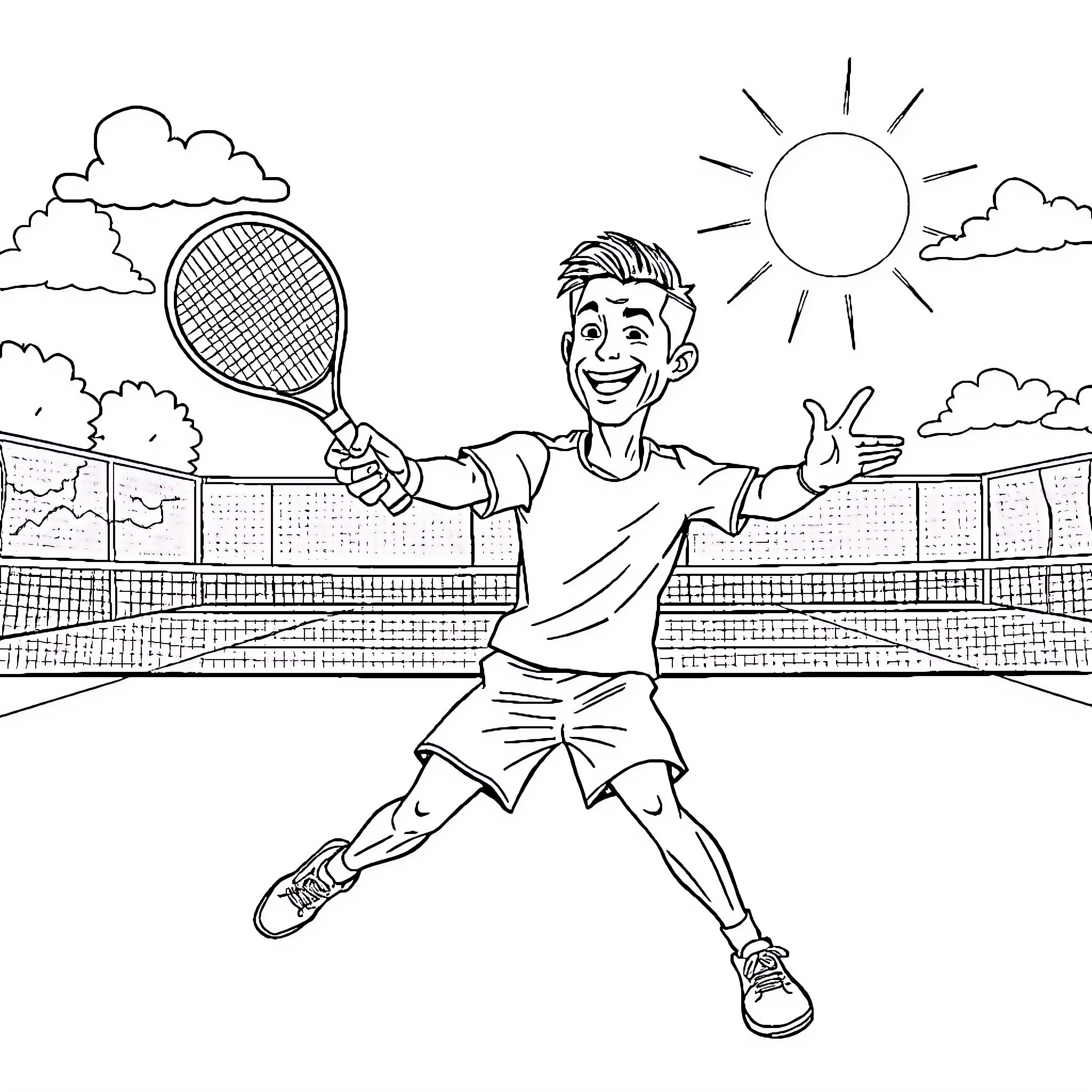 Ronaldo celebrating his tennis victory on the court Coloring Page (free black-and-white line drawing printable PDF for all, from beginners to advanced learners, including children, teens, adults, and seniors)