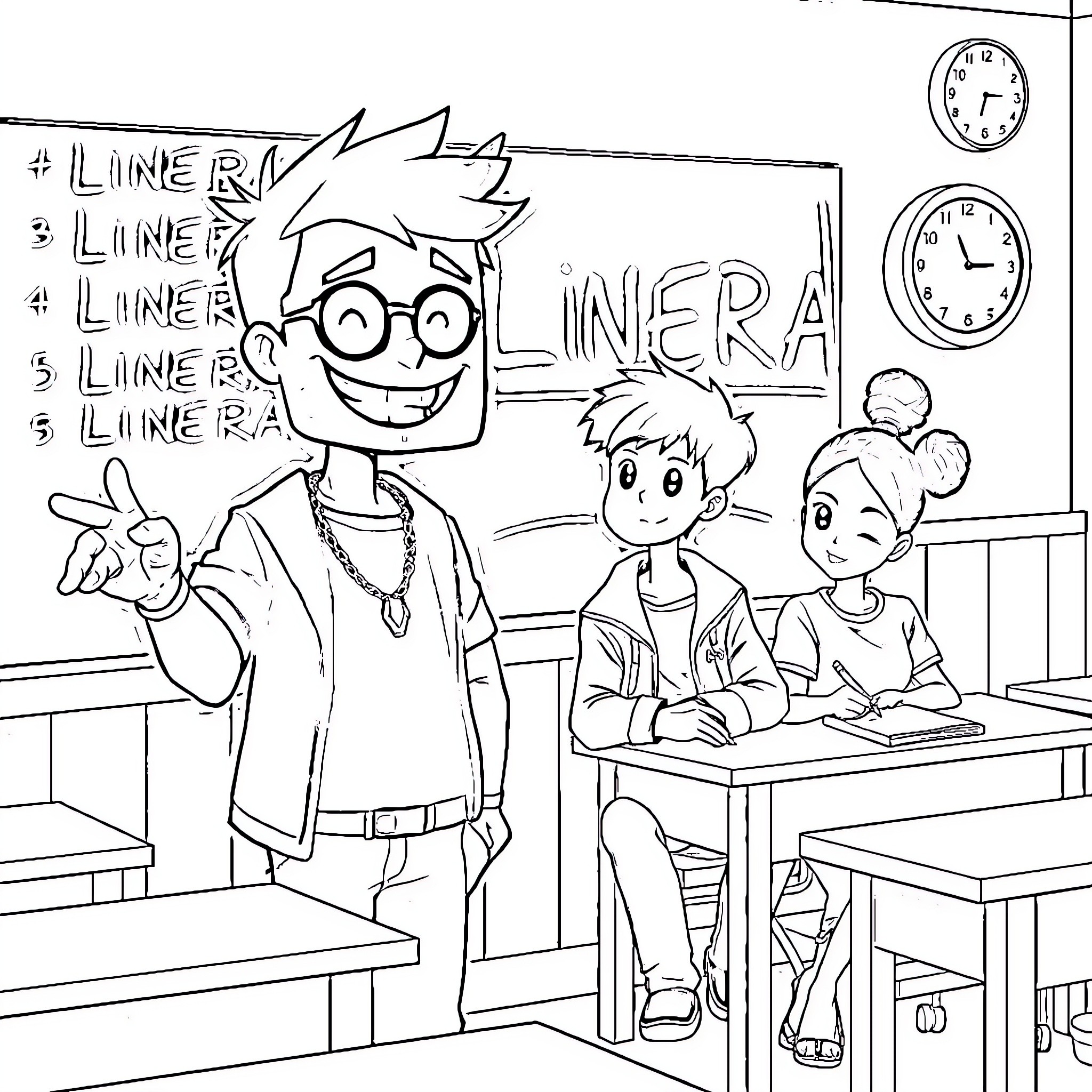 Classroom of Lively Students and Expressive Teacher Coloring Page (free black-and-white line drawing printable PDF for all, from beginners to advanced learners, including children, teens, adults, and seniors)