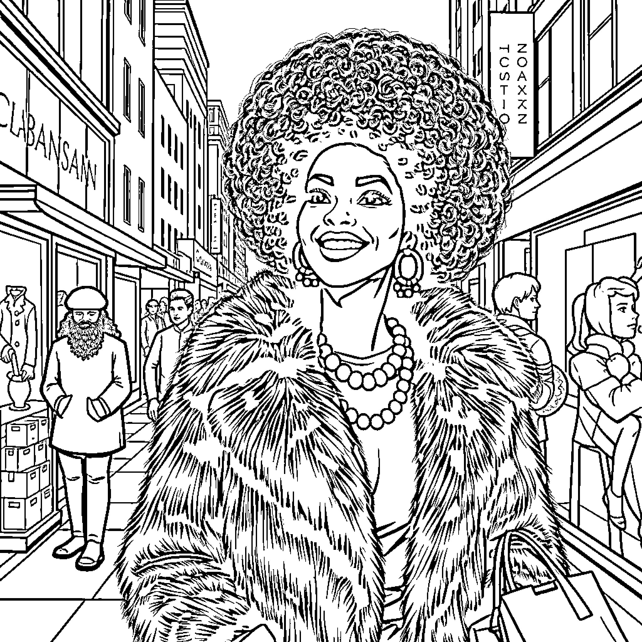Woman in fur coat smiling on city street Coloring Page (free black-and-white line drawing printable PDF for all, from beginners to advanced learners, including children, teens, adults, and seniors)