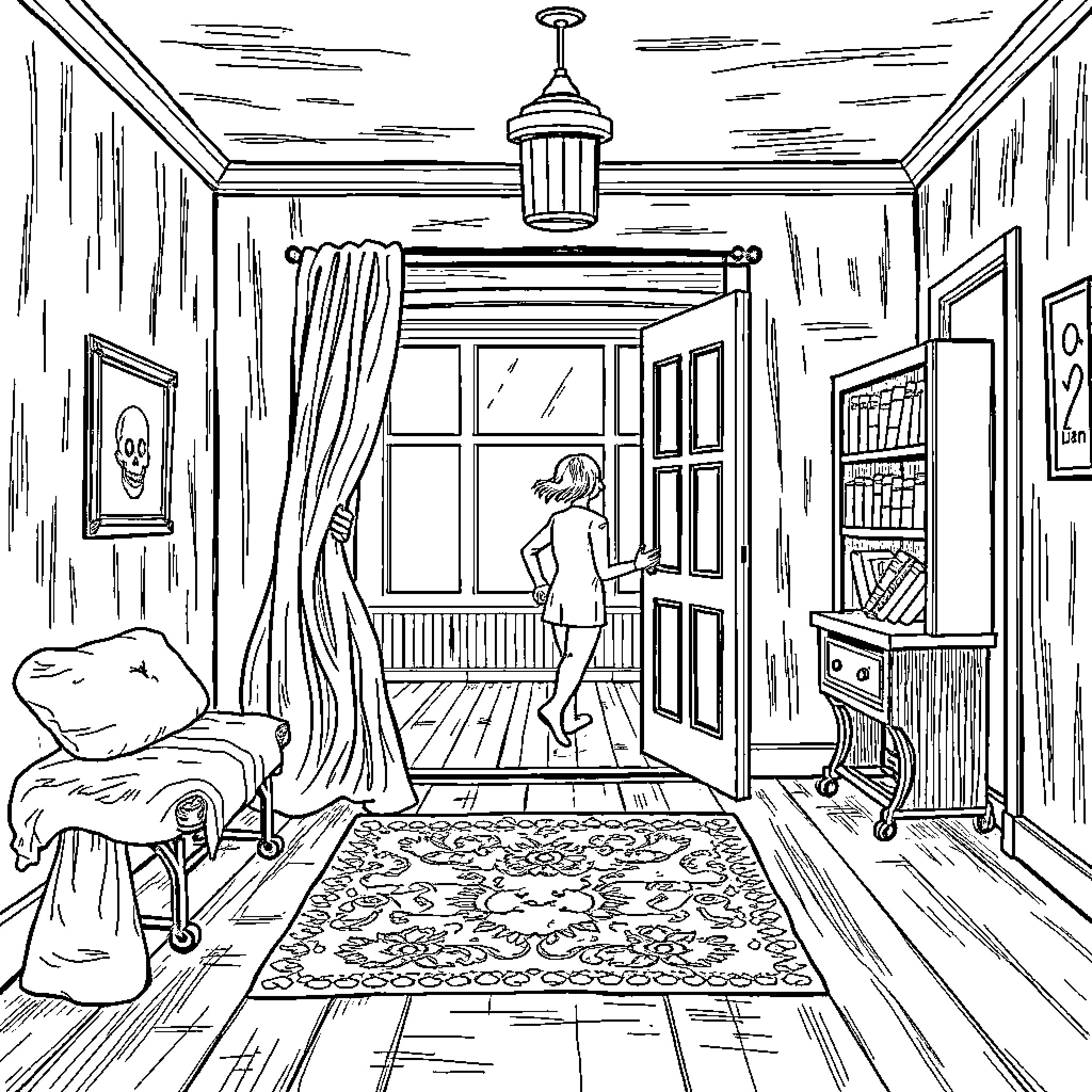 Footstep echoing in the solitary room Coloring Page (free black-and-white line drawing printable PDF for all, from beginners to advanced learners, including children, teens, adults, and seniors)