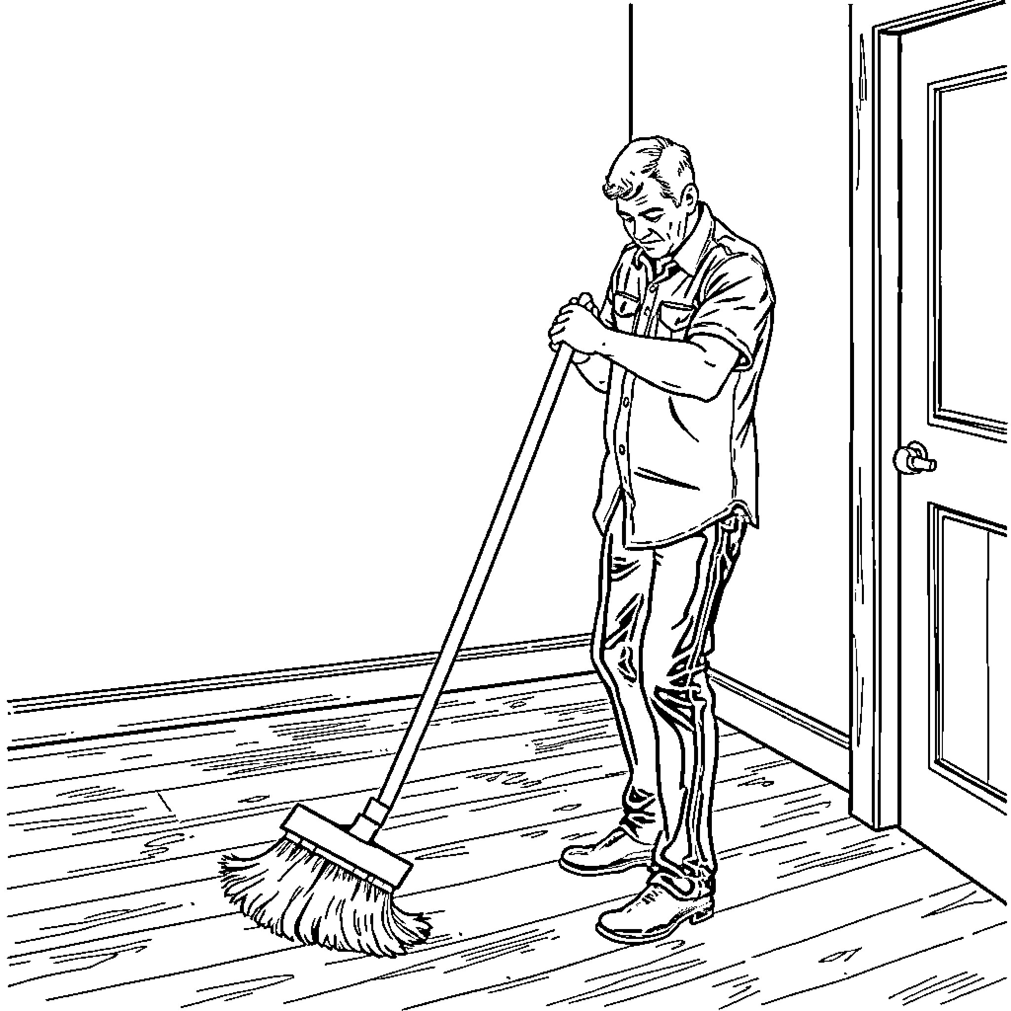 Man sweeping the floor at home Coloring Page (free black-and-white line drawing printable PDF for all, from beginners to advanced learners, including children, teens, adults, and seniors)