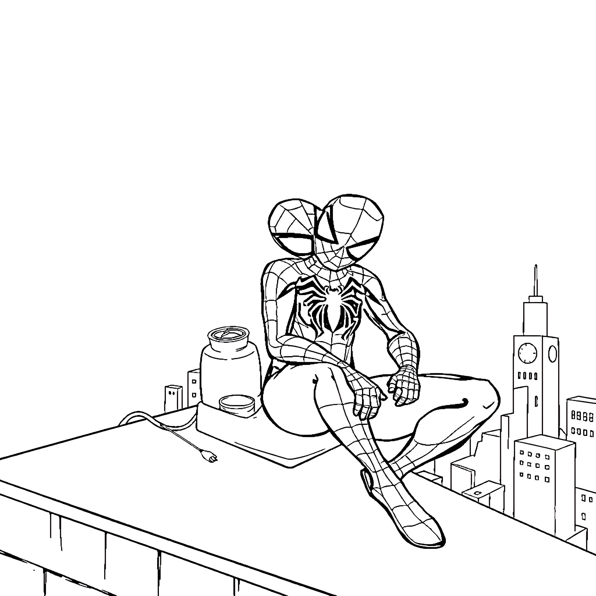 Spider-Man Relaxing on a Rooftop Coloring Page (free black-and-white line drawing printable PDF for all, from beginners to advanced learners, including children, teens, adults, and seniors)