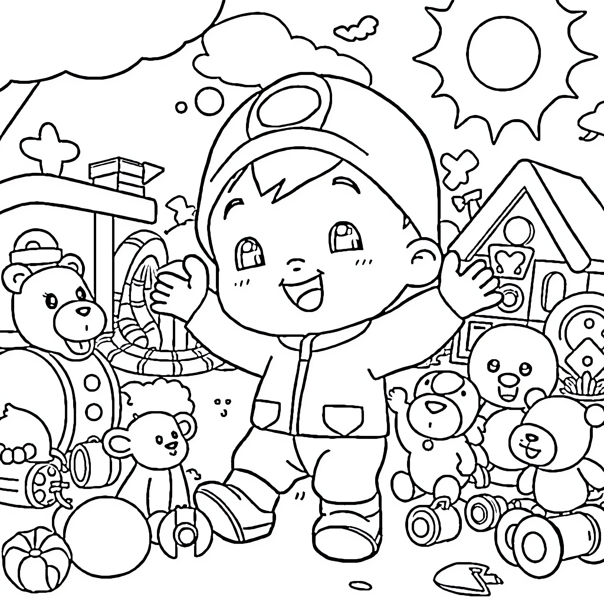 Pocoyo playing happily with toys in a cheerful scene Coloring Page (free black-and-white line drawing printable PDF for all, from beginners to advanced learners, including children, teens, adults, and seniors)