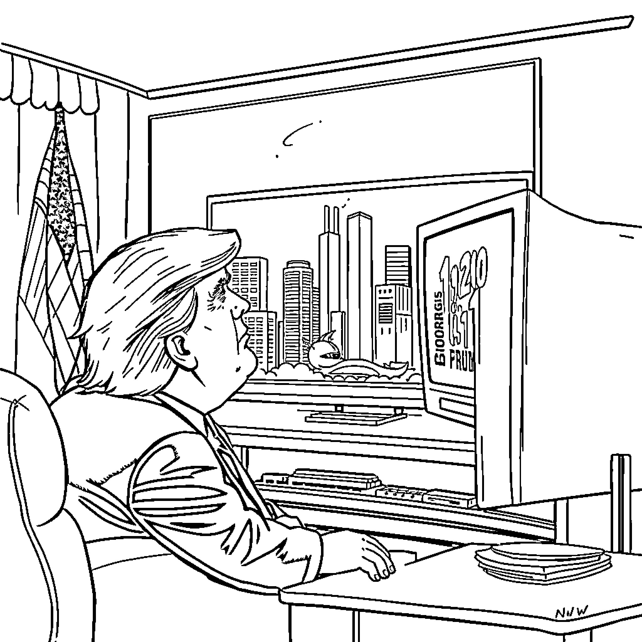 Donald Trump relaxing at home and watching television Coloring Page (free black-and-white line drawing printable PDF for all, from beginners to advanced learners, including children, teens, adults, and seniors)