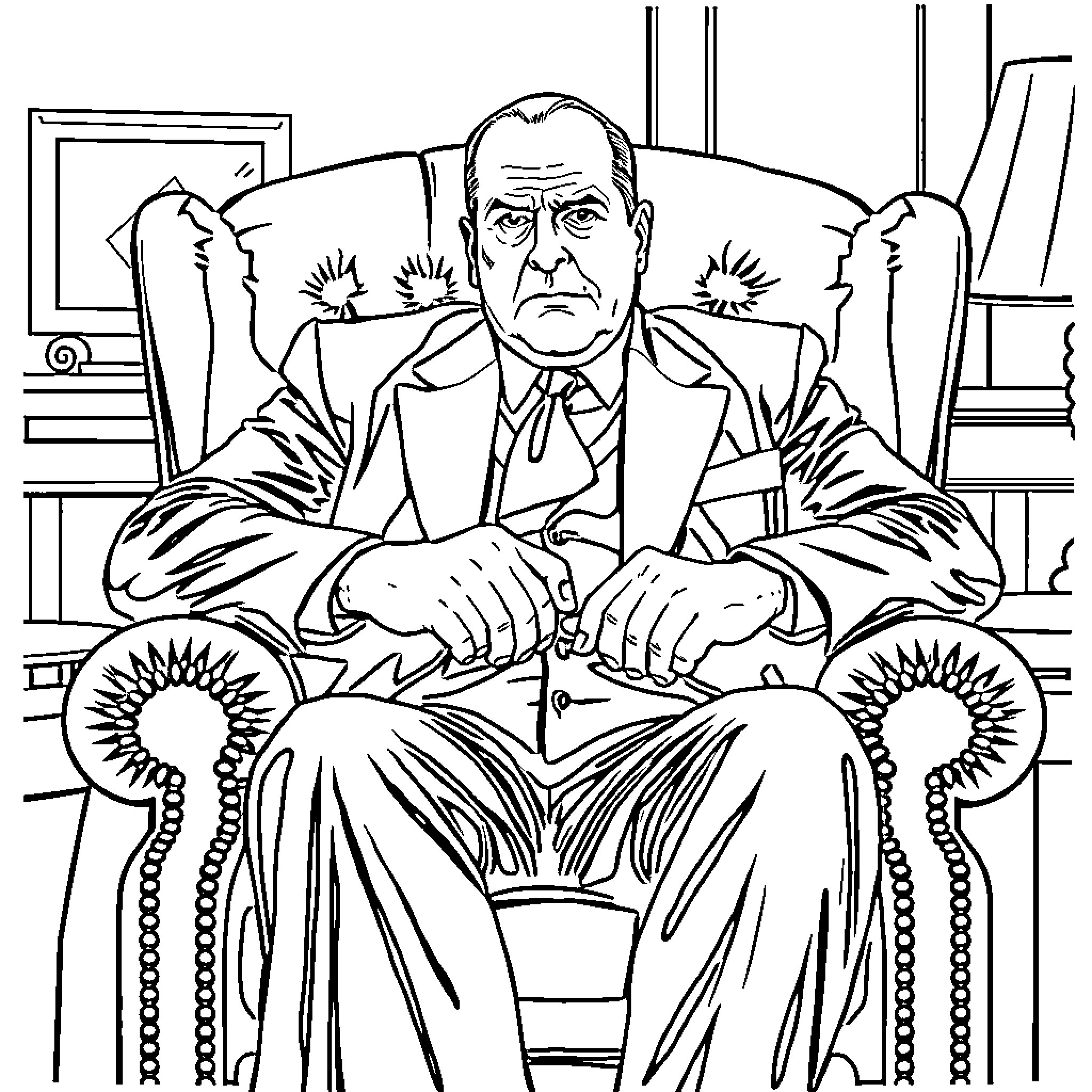 Tony Soprano sitting in a chair with a serious expression Coloring Page (free black-and-white line drawing printable PDF for all, from beginners to advanced learners, including children, teens, adults, and seniors)