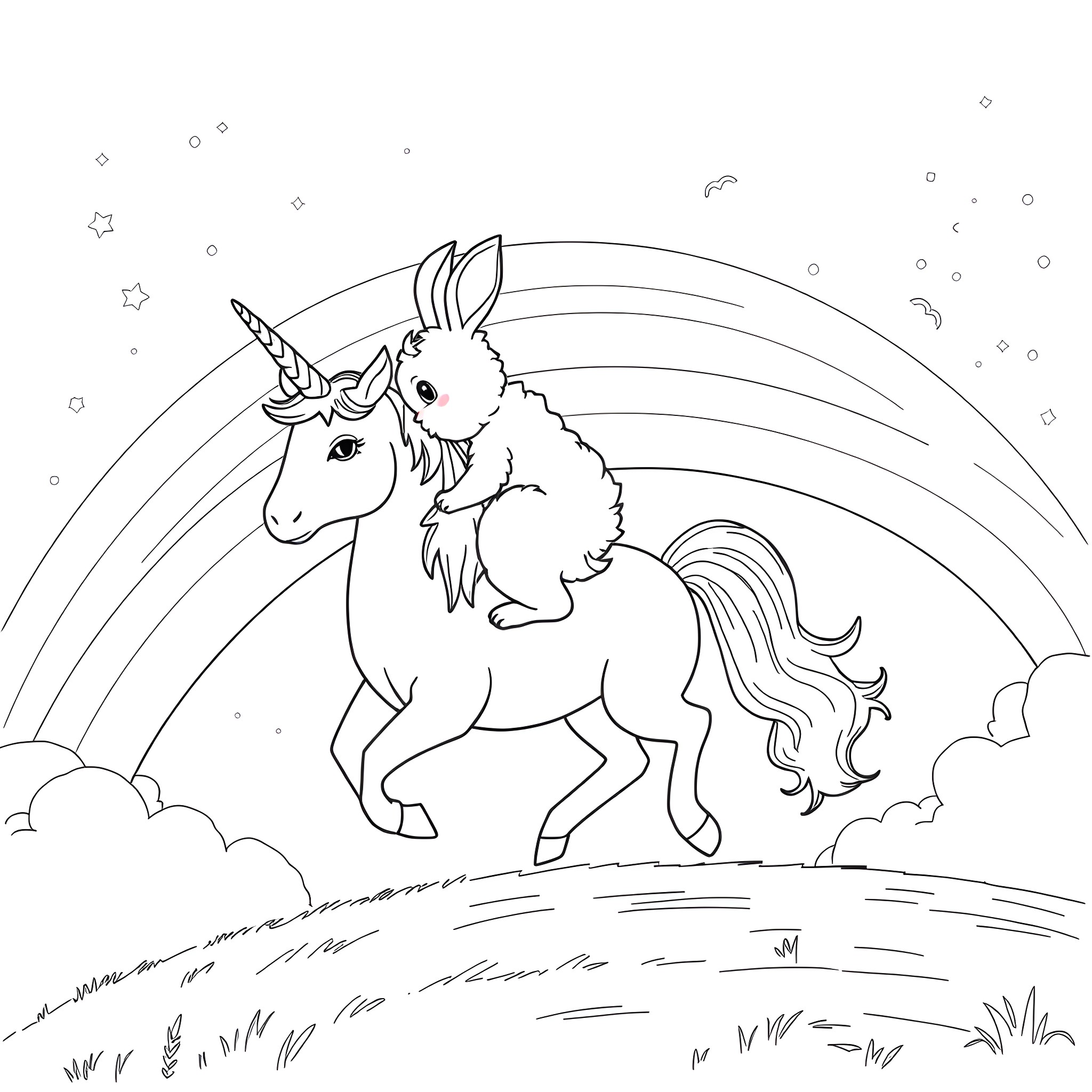 Rabbit unicorn running through a magical landscape Coloring Page (free black-and-white line drawing printable PDF for all, from beginners to advanced learners, including children, teens, adults, and seniors)