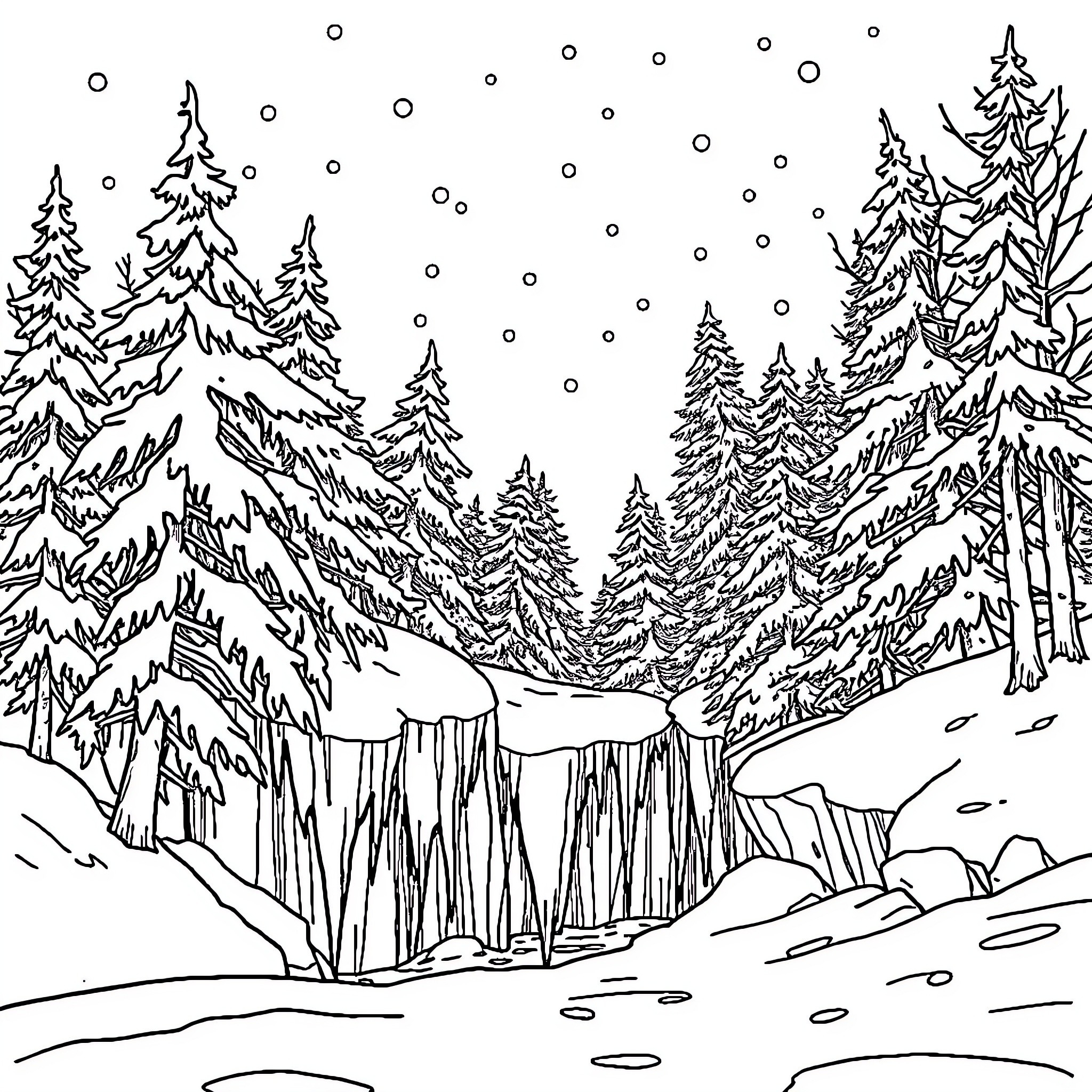 Frozen winter wonderland landscape with snow-covered trees Coloring Page (free black-and-white line drawing printable PDF for all, from beginners to advanced learners, including children, teens, adults, and seniors)
