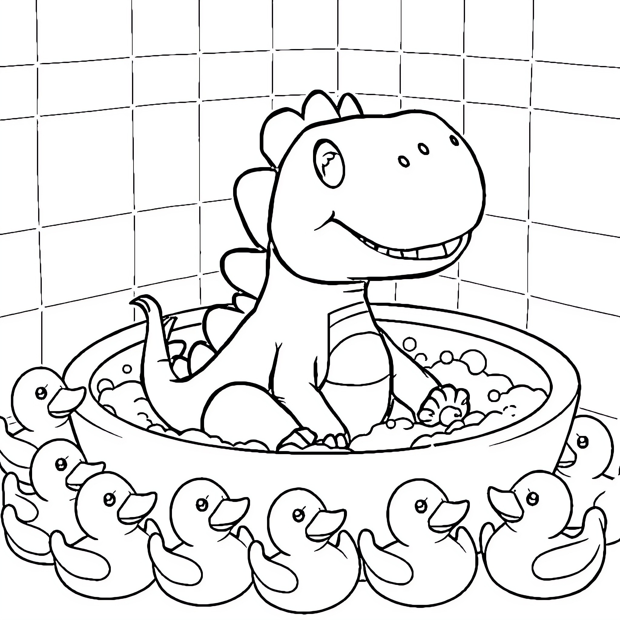 Dino Enjoying Bath Time with Duck Friends Coloring Page (free black-and-white line drawing printable PDF for all, from beginners to advanced learners, including children, teens, adults, and seniors)