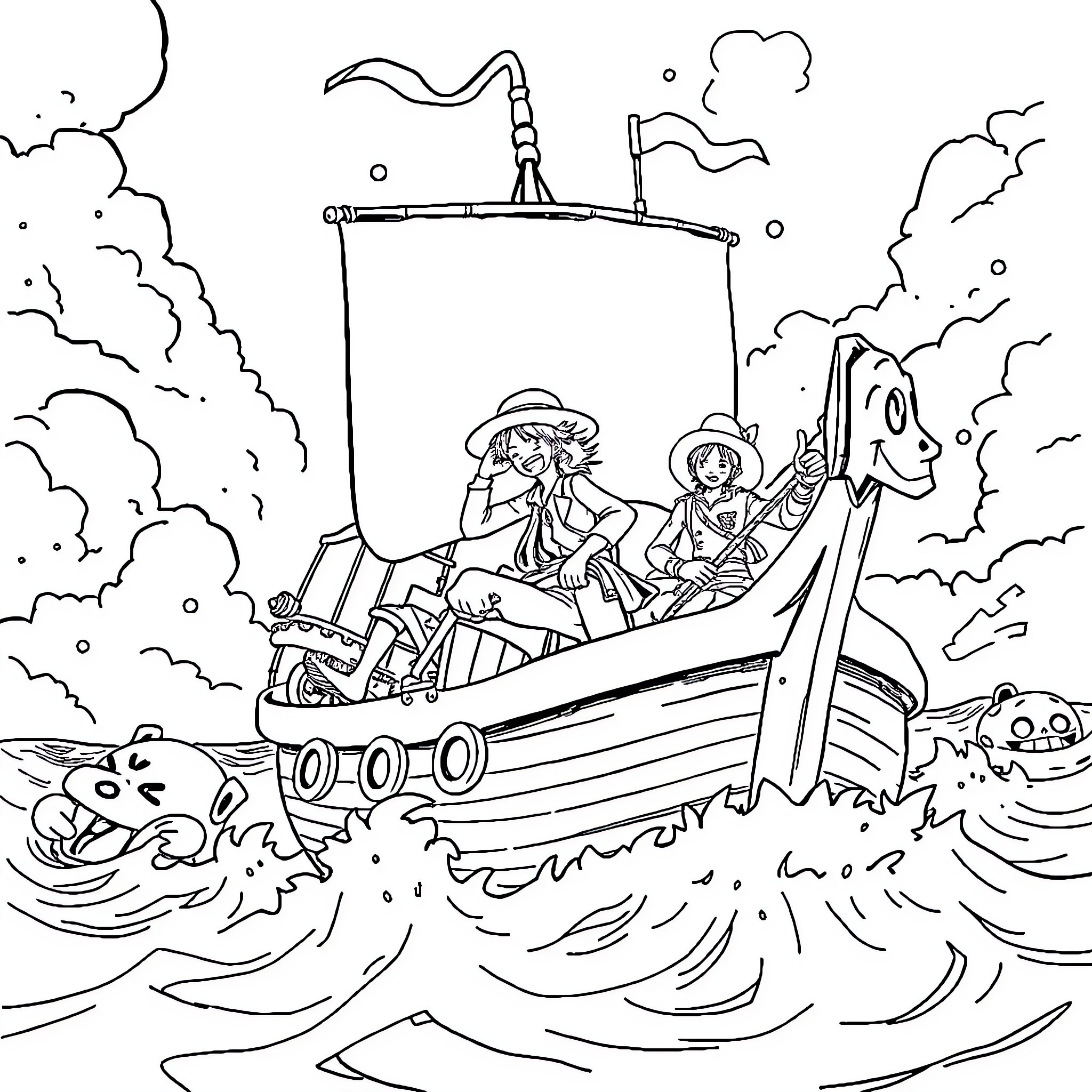 One Piece Characters Sailing on the High Seas Coloring Page (free black-and-white line drawing printable PDF for all, from beginners to advanced learners, including children, teens, adults, and seniors)
