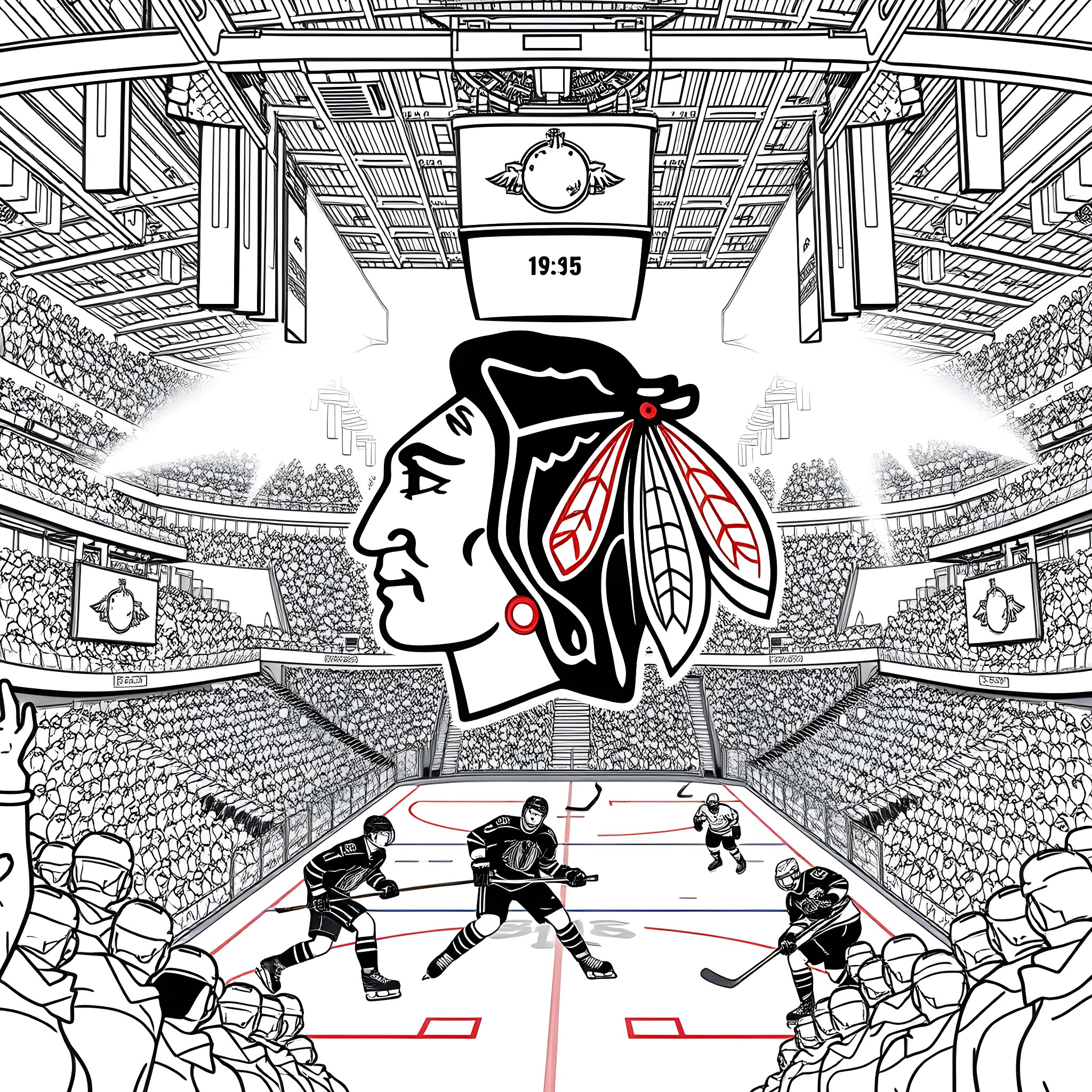 Chicago Blackhawks hockey players in action on the ice Coloring Page (free black-and-white line drawing printable PDF for all, from beginners to advanced learners, including children, teens, adults, and seniors)