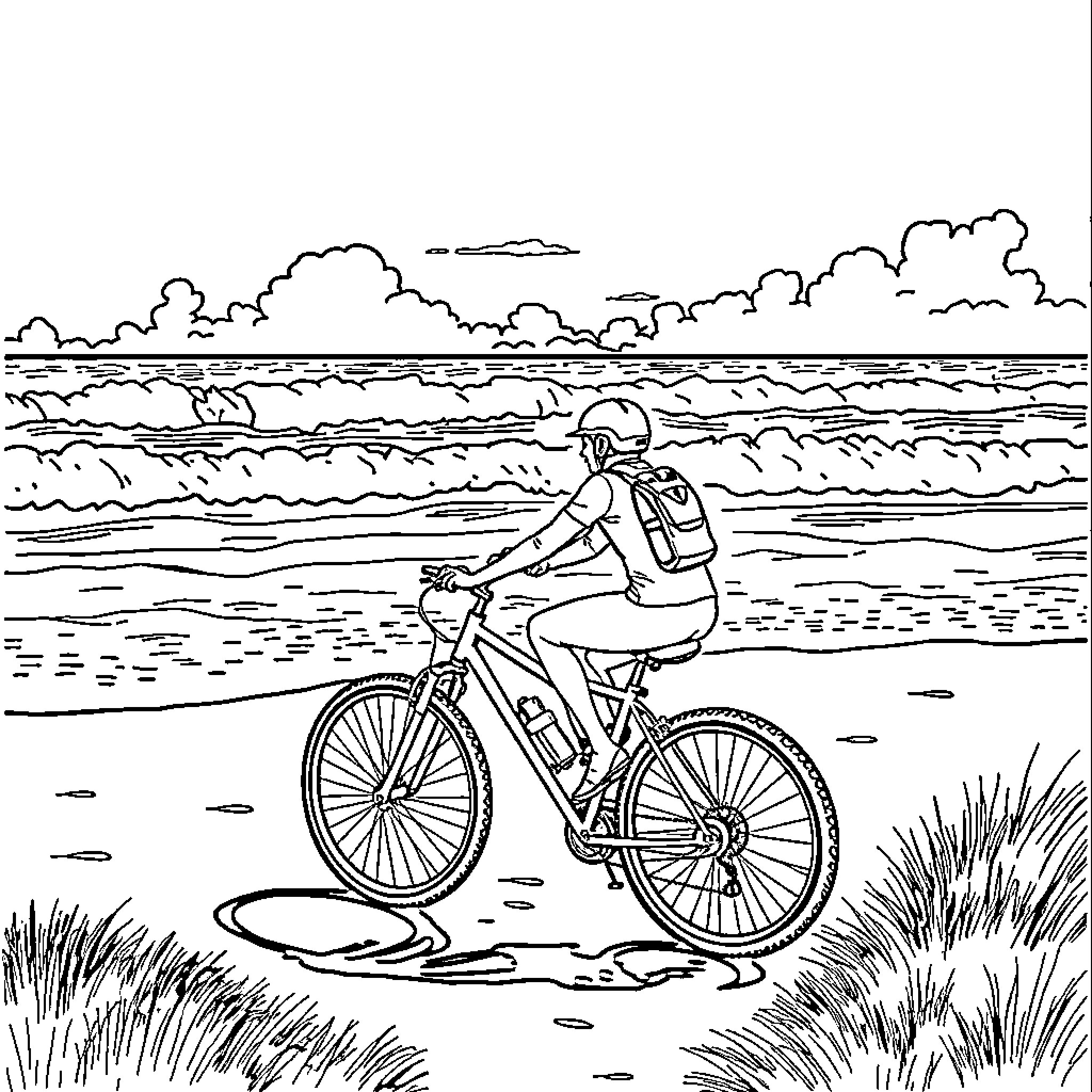 Bike ride along the beach Coloring Page (free black-and-white line drawing printable PDF for all, from beginners to advanced learners, including children, teens, adults, and seniors)