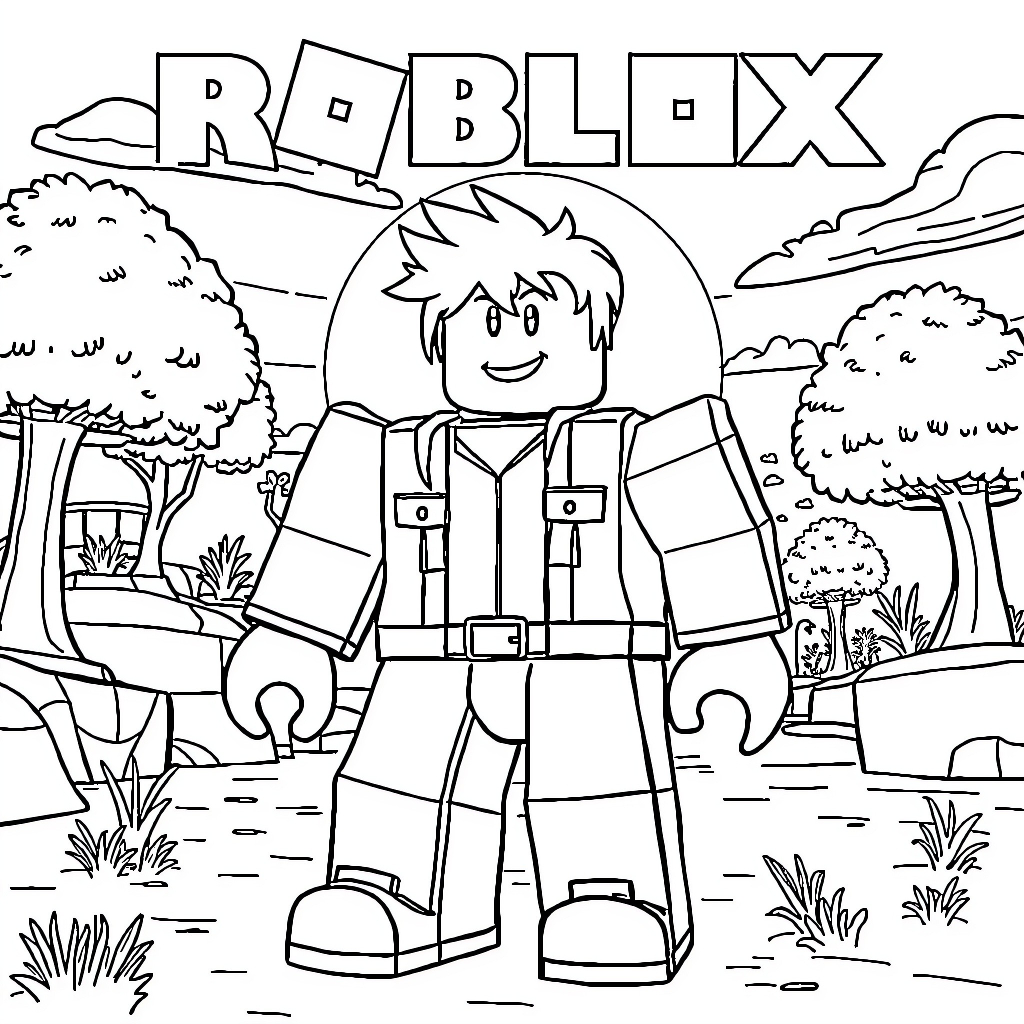 Roblox character exploring natural environment Coloring Page (free black-and-white line drawing printable PDF for all, from beginners to advanced learners, including children, teens, adults, and seniors)
