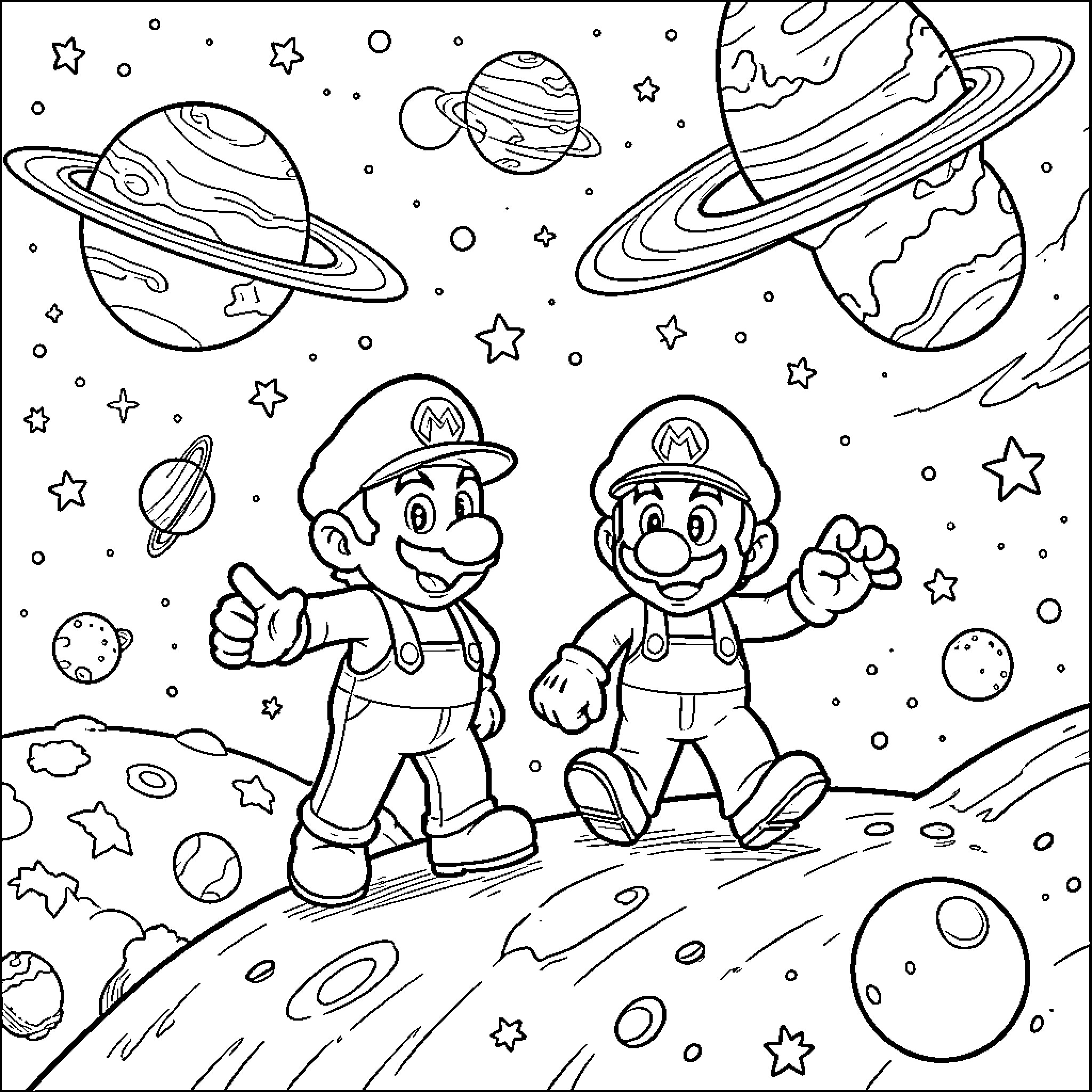 Mario's Cosmic Adventure Coloring Page (free black-and-white line drawing printable PDF for all, from beginners to advanced learners, including children, teens, adults, and seniors)