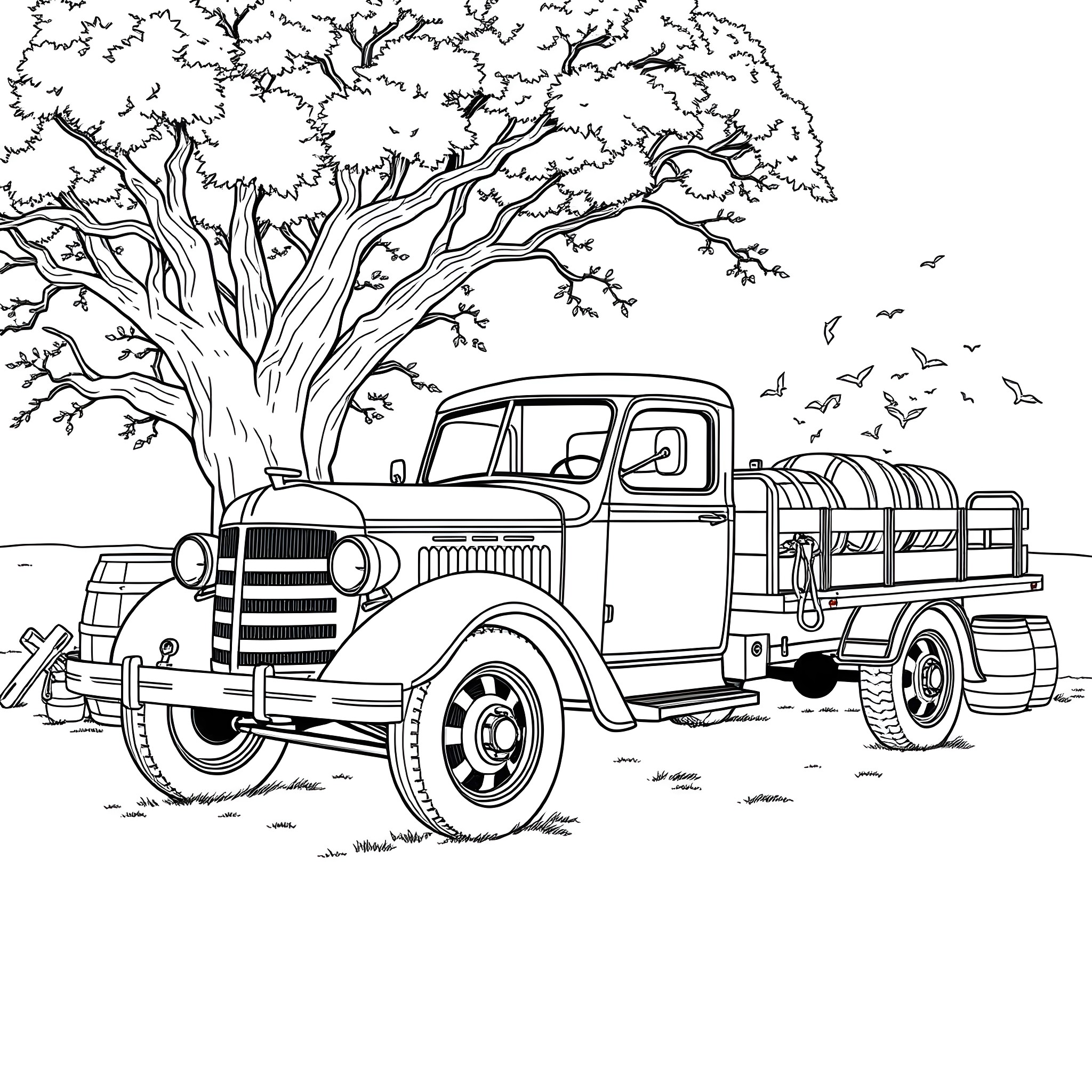 Flatbed Truck Hauling Cargo in Rustic Countryside Coloring Page (free black-and-white line drawing printable PDF for all, from beginners to advanced learners, including children, teens, adults, and seniors)