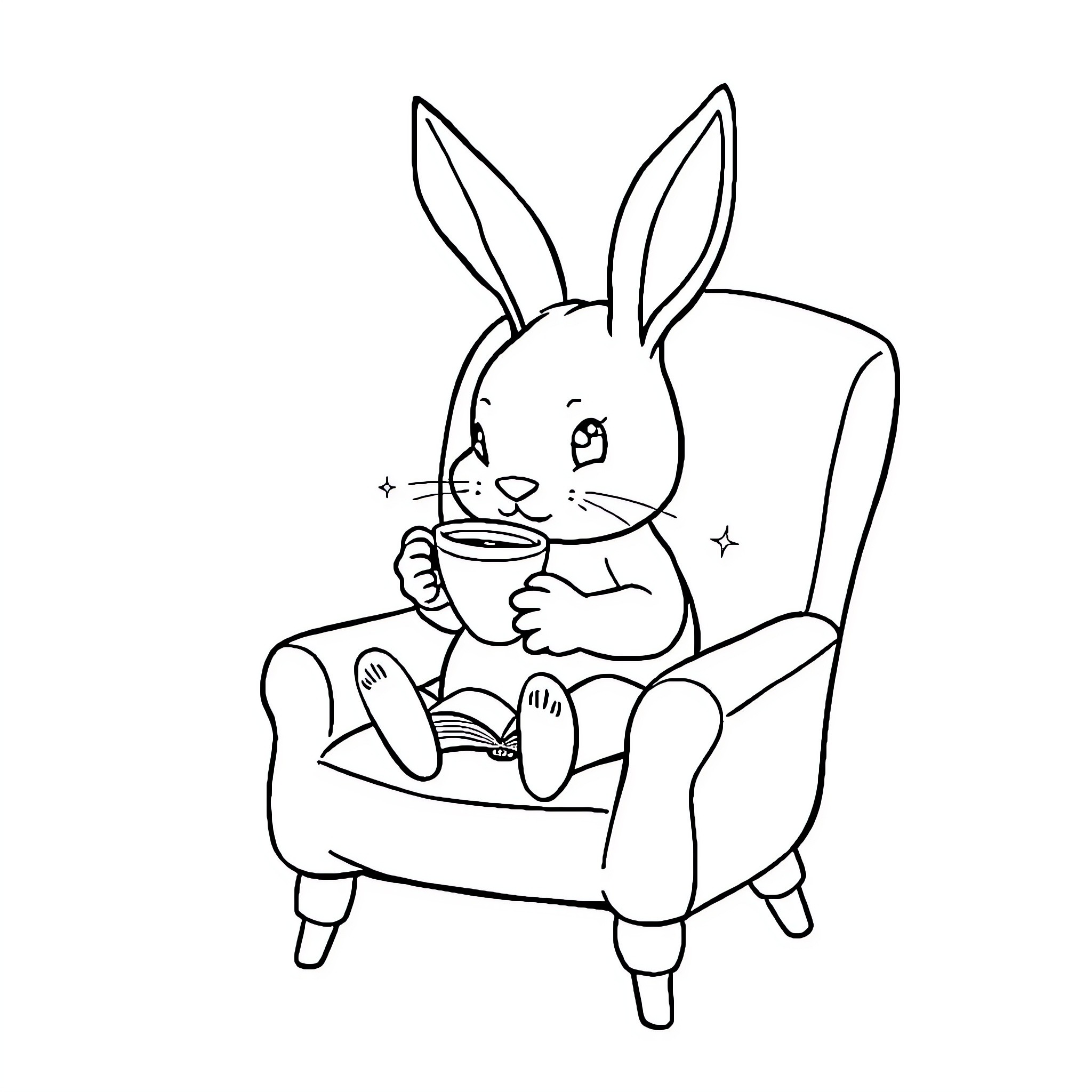 Bunny enjoying a cozy cup of tea Coloring Page (free black-and-white line drawing printable PDF for all, from beginners to advanced learners, including children, teens, adults, and seniors)