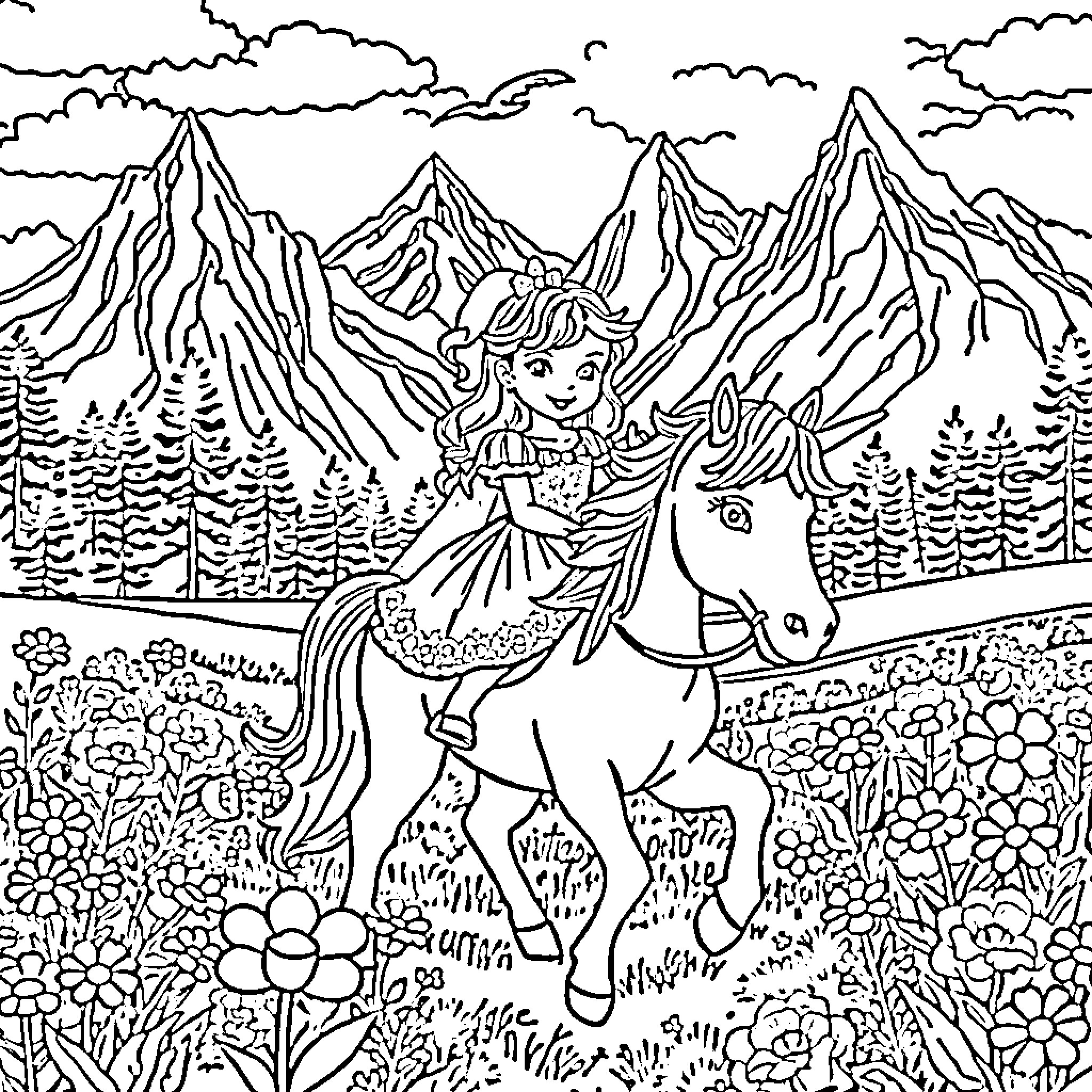 Princess Riding a Majestic Unicorn in the Mountain Landscape Coloring Page (free black-and-white line drawing printable PDF for all, from beginners to advanced learners, including children, teens, adults, and seniors)