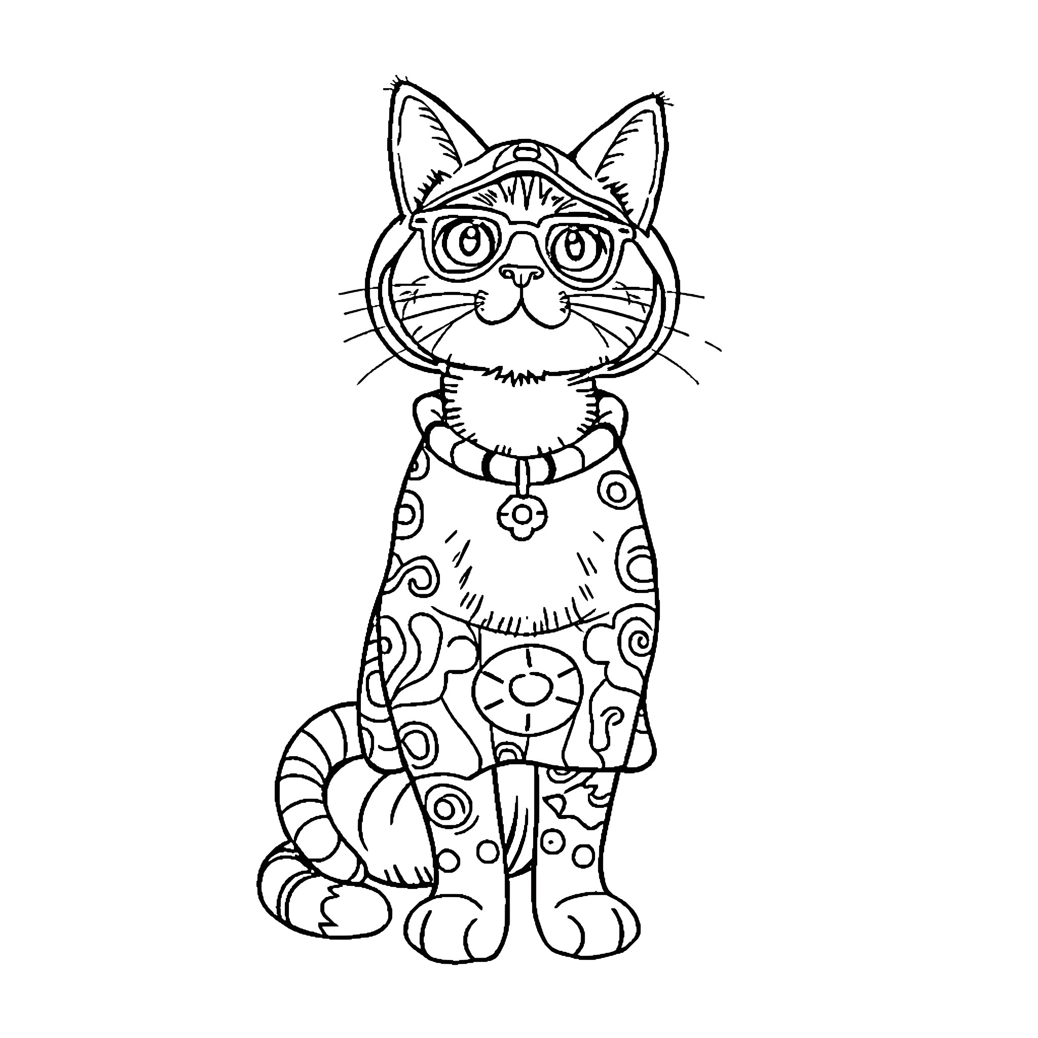 Cat wearing glasses and patterned outfit Coloring Page (free black-and-white line drawing printable PDF for all, from beginners to advanced learners, including children, teens, adults, and seniors)