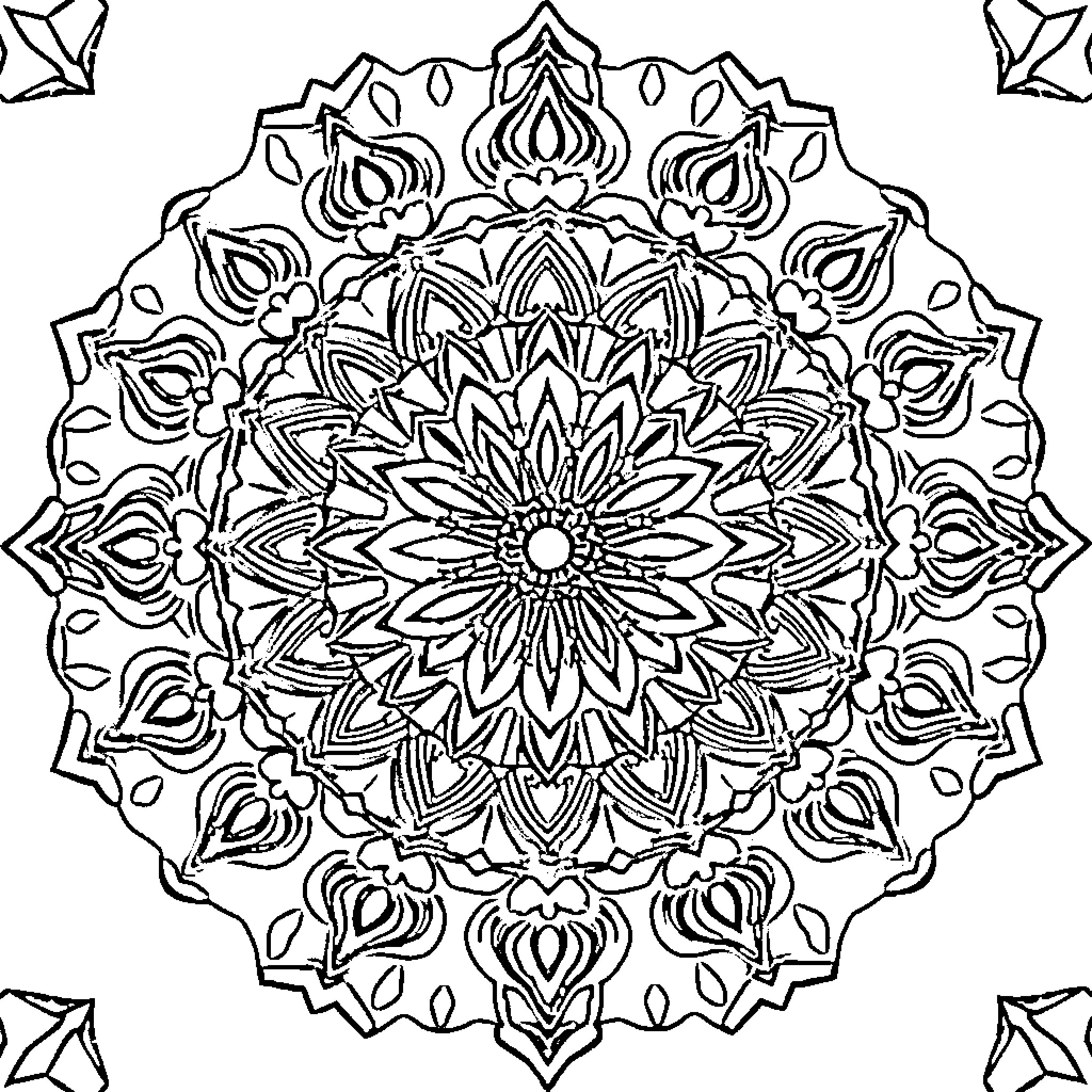 Mandala of intricate floral designs and geometric patterns Coloring Page (free black-and-white line drawing printable PDF for all, from beginners to advanced learners, including children, teens, adults, and seniors)