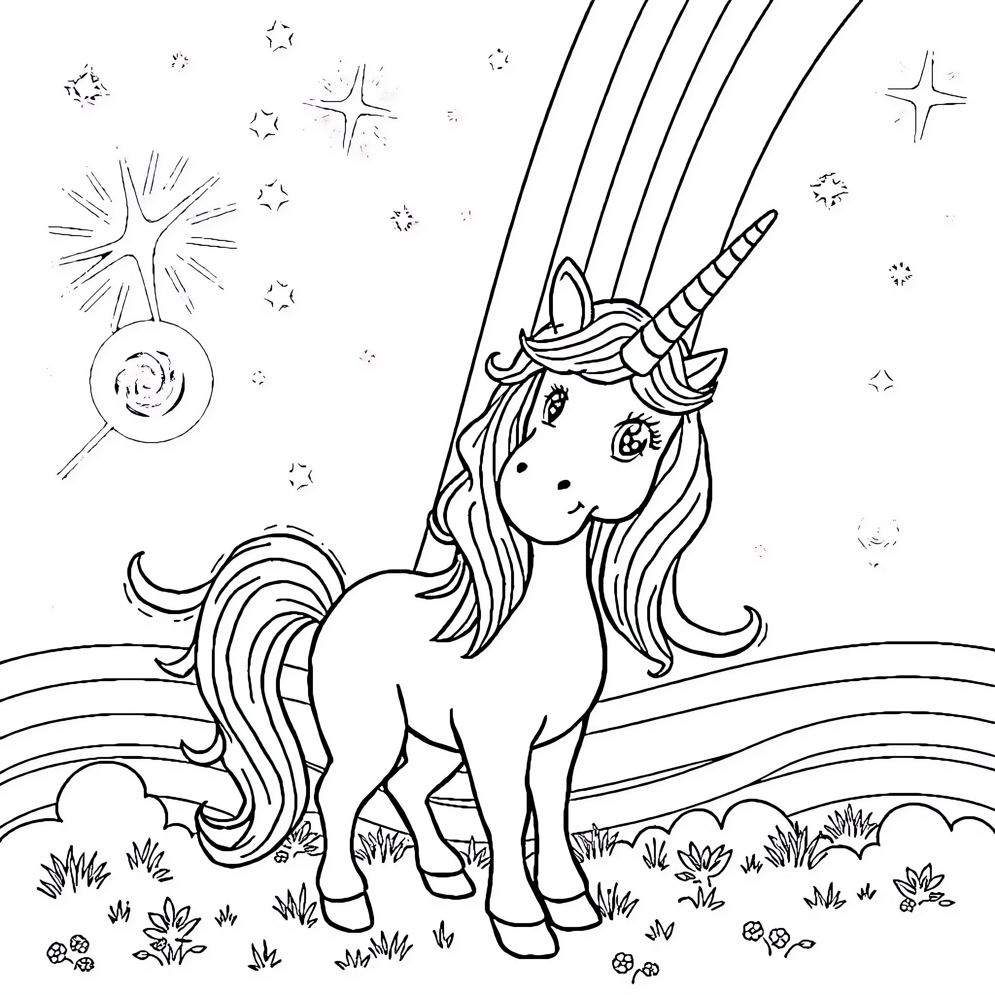 Unicorn dancing under the starry night sky Coloring Page (free black-and-white line drawing printable PDF for all, from beginners to advanced learners, including children, teens, adults, and seniors)