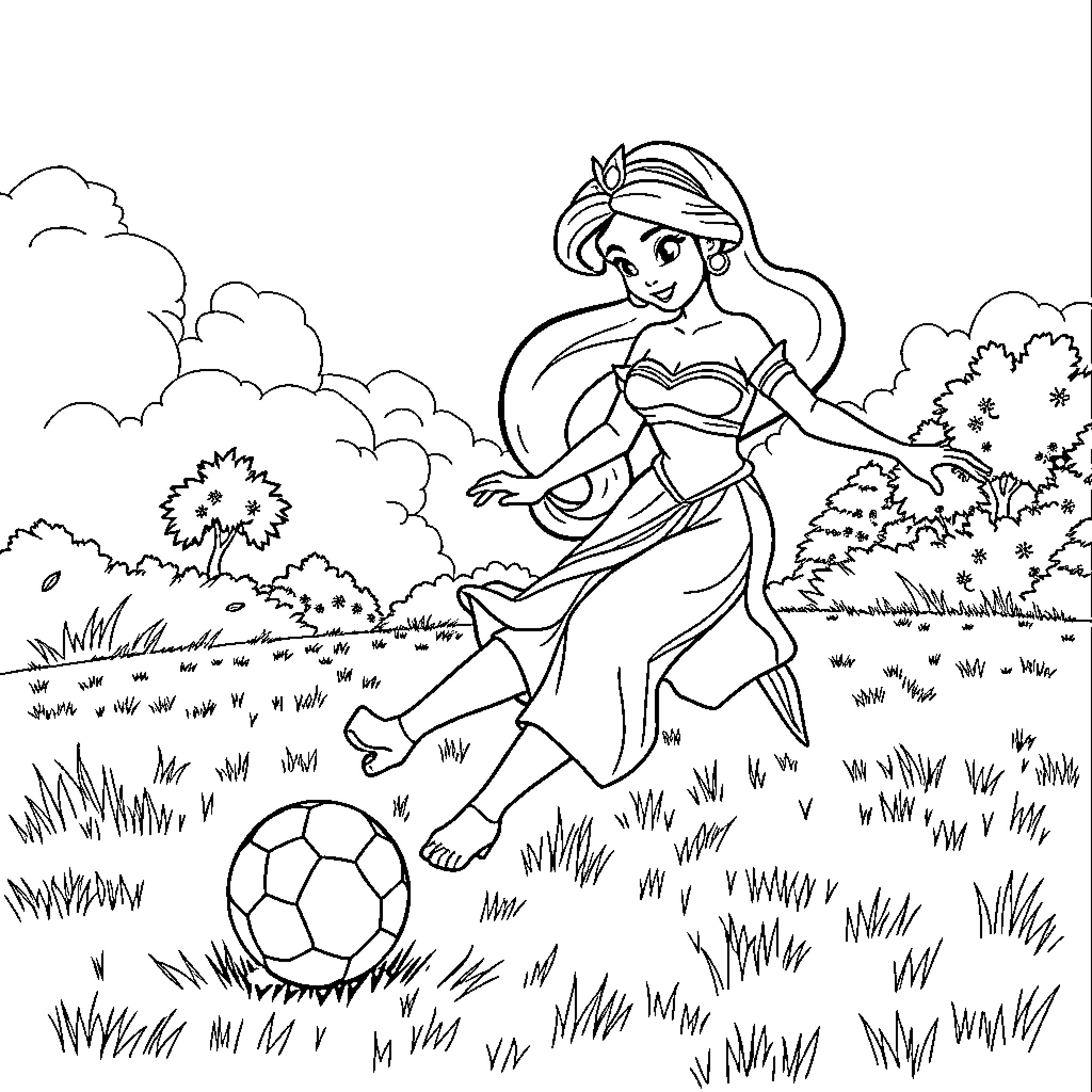 Princess Jasmine playing soccer in a grassy field Coloring Page (free black-and-white line drawing printable PDF for all, from beginners to advanced learners, including children, teens, adults, and seniors)