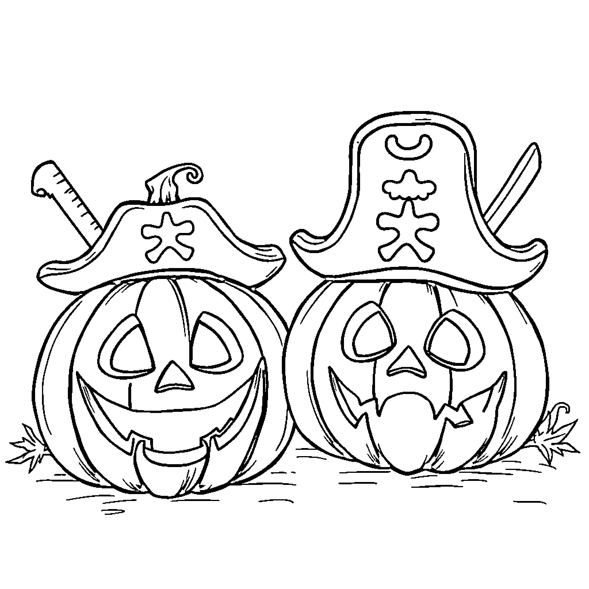 Pumpkin pirates on Halloween Coloring Page (free black-and-white line drawing printable PDF for all, from beginners to advanced learners, including children, teens, adults, and seniors)