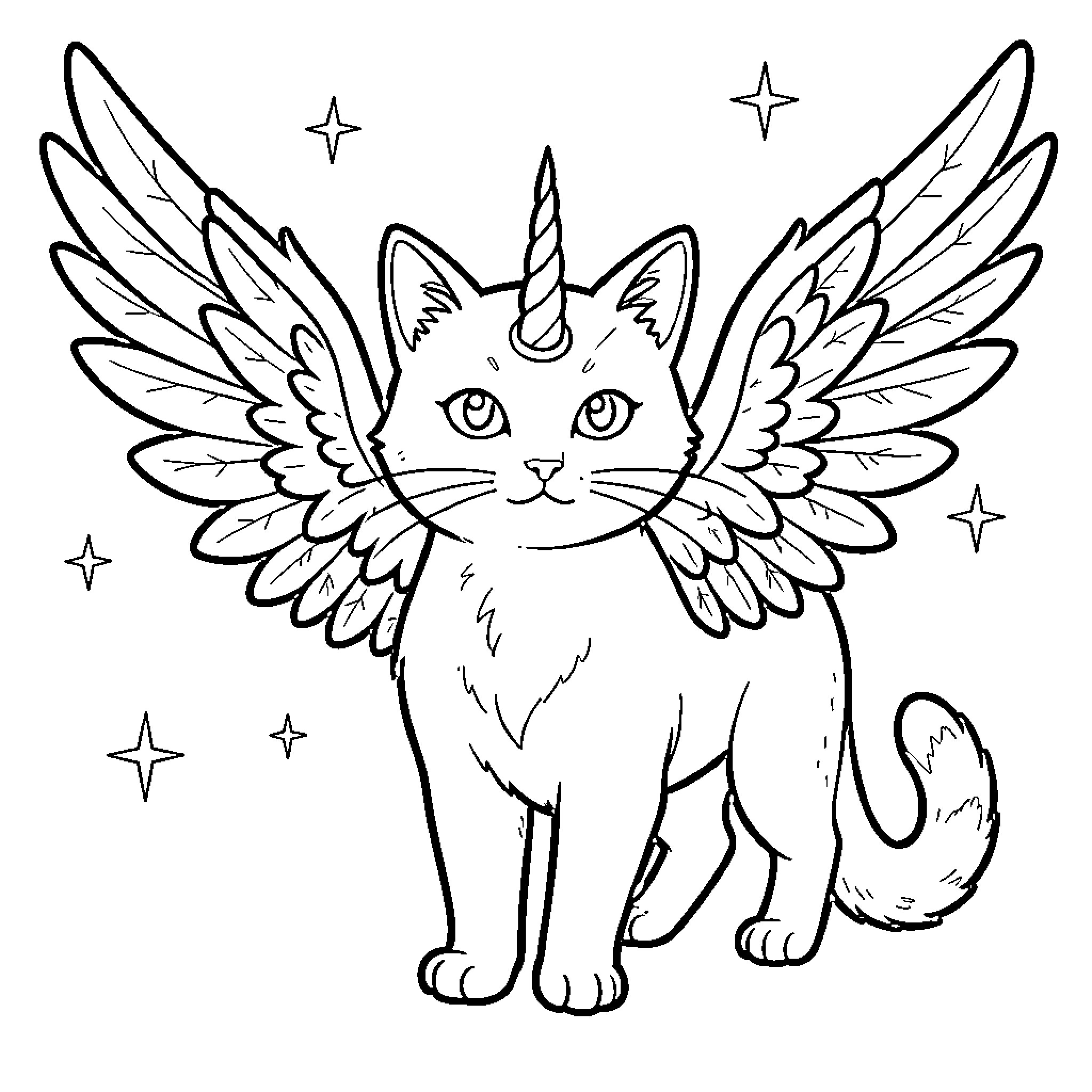 Gato with Magical Unicorn Wings and Stars Coloring Page (free black-and-white line drawing printable PDF for all, from beginners to advanced learners, including children, teens, adults, and seniors)