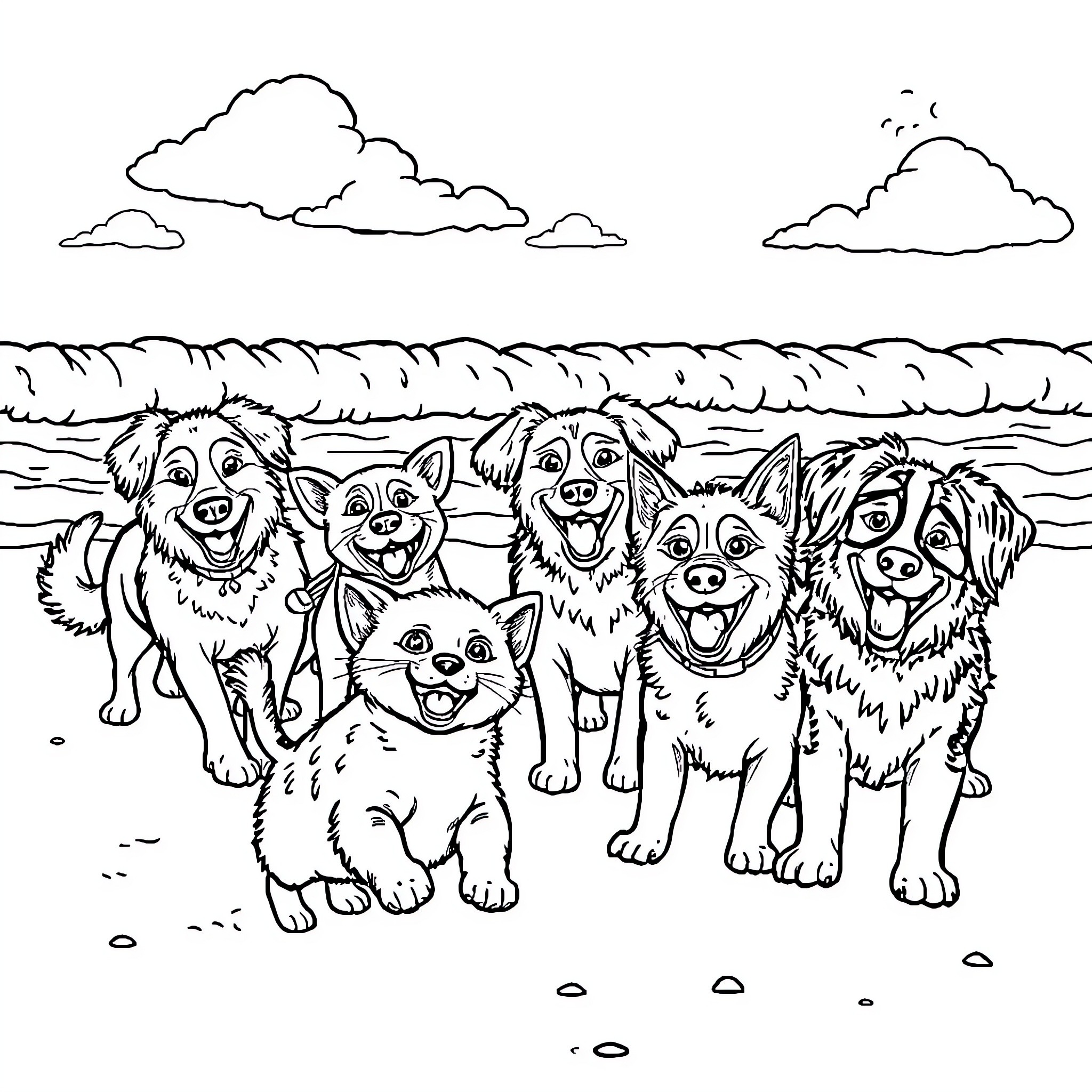 Cat and friends frolicking at the beach Coloring Page (free black-and-white line drawing printable PDF for all, from beginners to advanced learners, including children, teens, adults, and seniors)