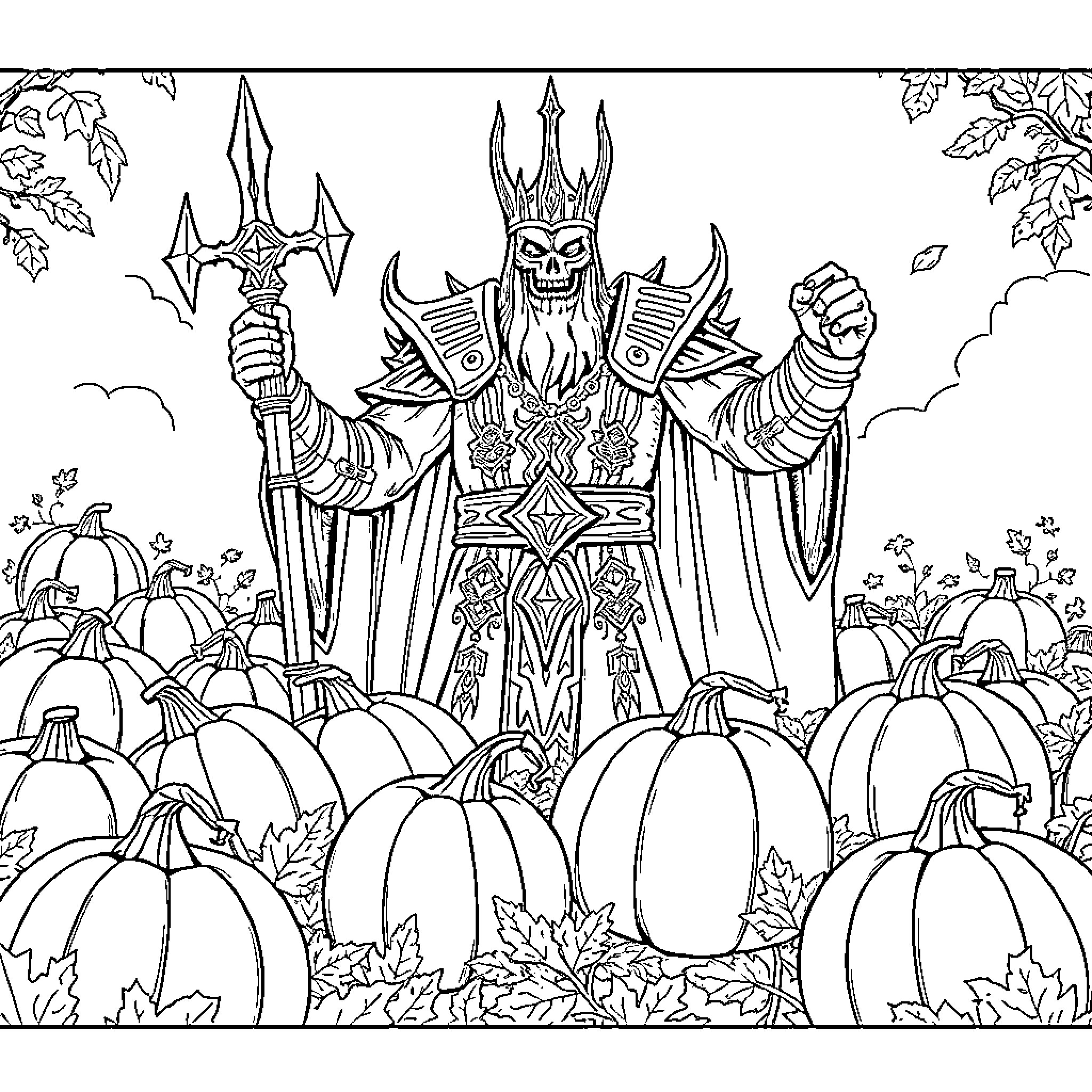 Lich King presiding over a dark pumpkin harvest Coloring Page (free black-and-white line drawing printable PDF for all, from beginners to advanced learners, including children, teens, adults, and seniors)