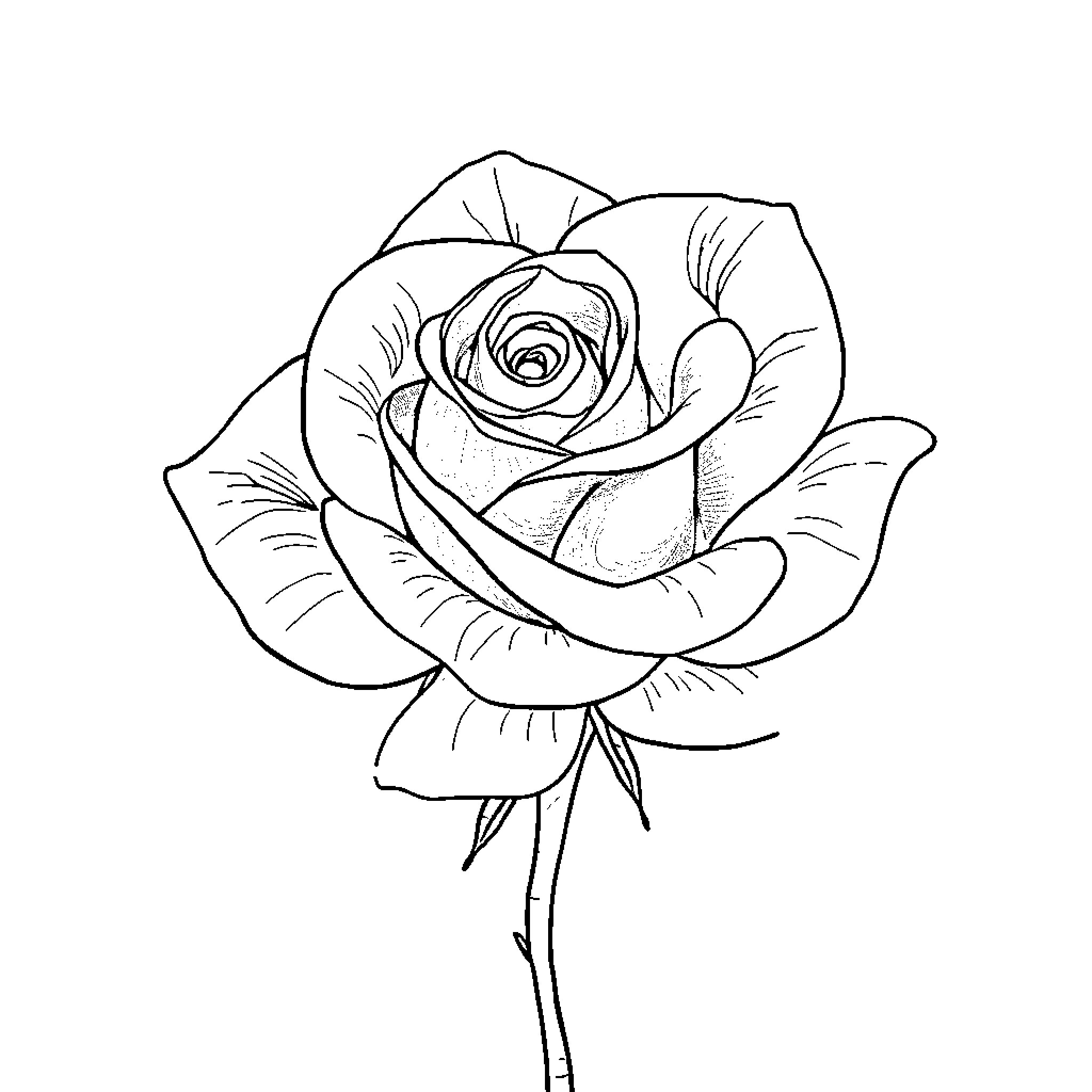 Rose blooming with detailed petals Coloring Page (free black-and-white line drawing printable PDF for all, from beginners to advanced learners, including children, teens, adults, and seniors)