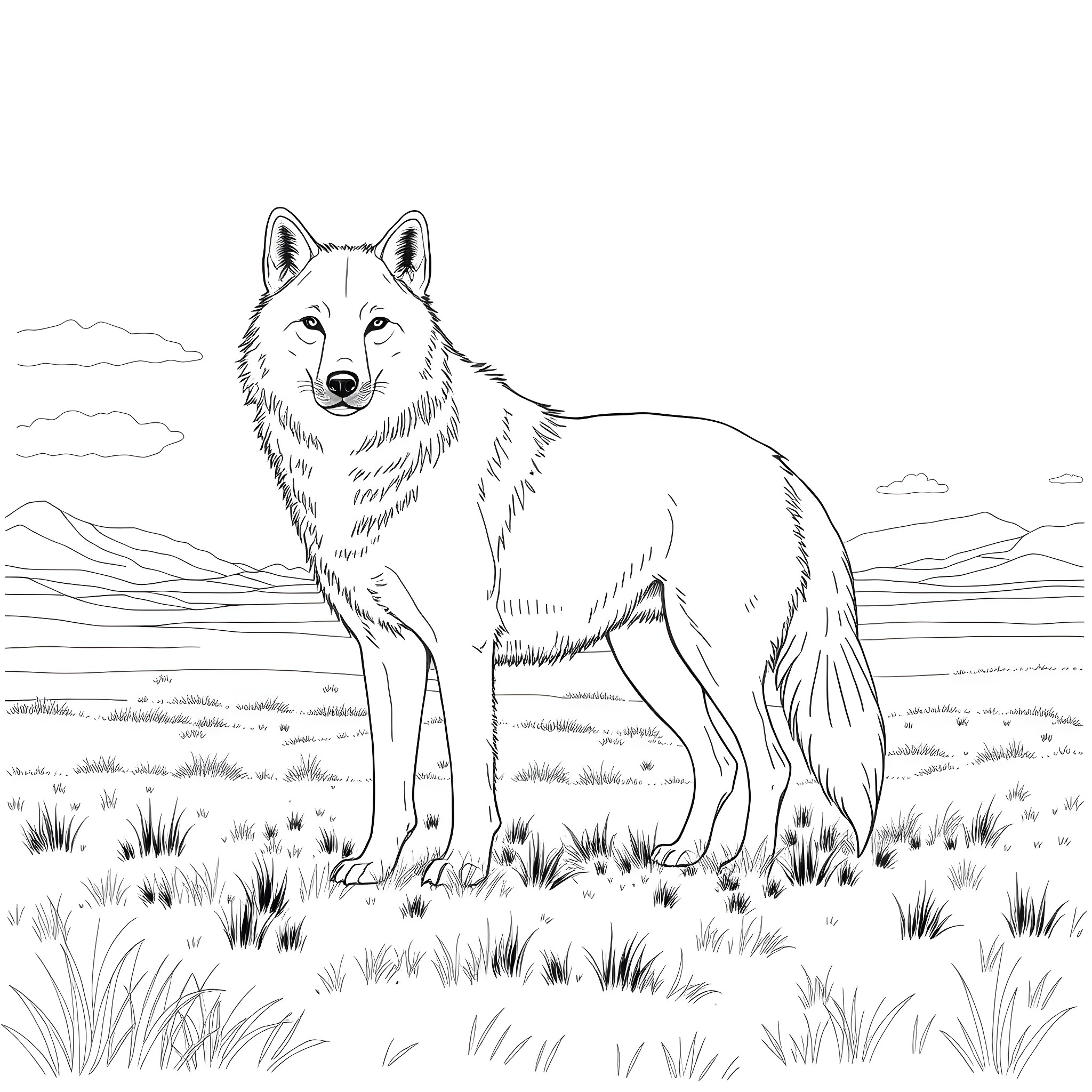 Wolf standing alert in the wilderness Coloring Page (free black-and-white line drawing printable PDF for all, from beginners to advanced learners, including children, teens, adults, and seniors)