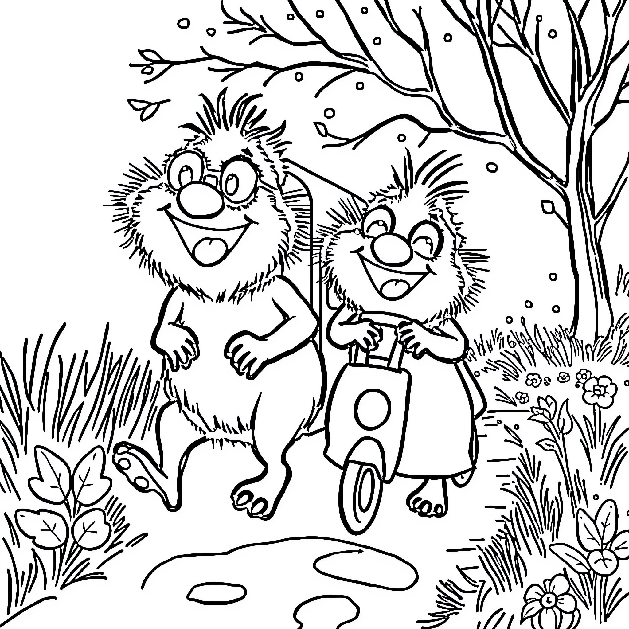 Smurfs playing happily in the snowy forest Coloring Page (free black-and-white line drawing printable PDF for all, from beginners to advanced learners, including children, teens, adults, and seniors)