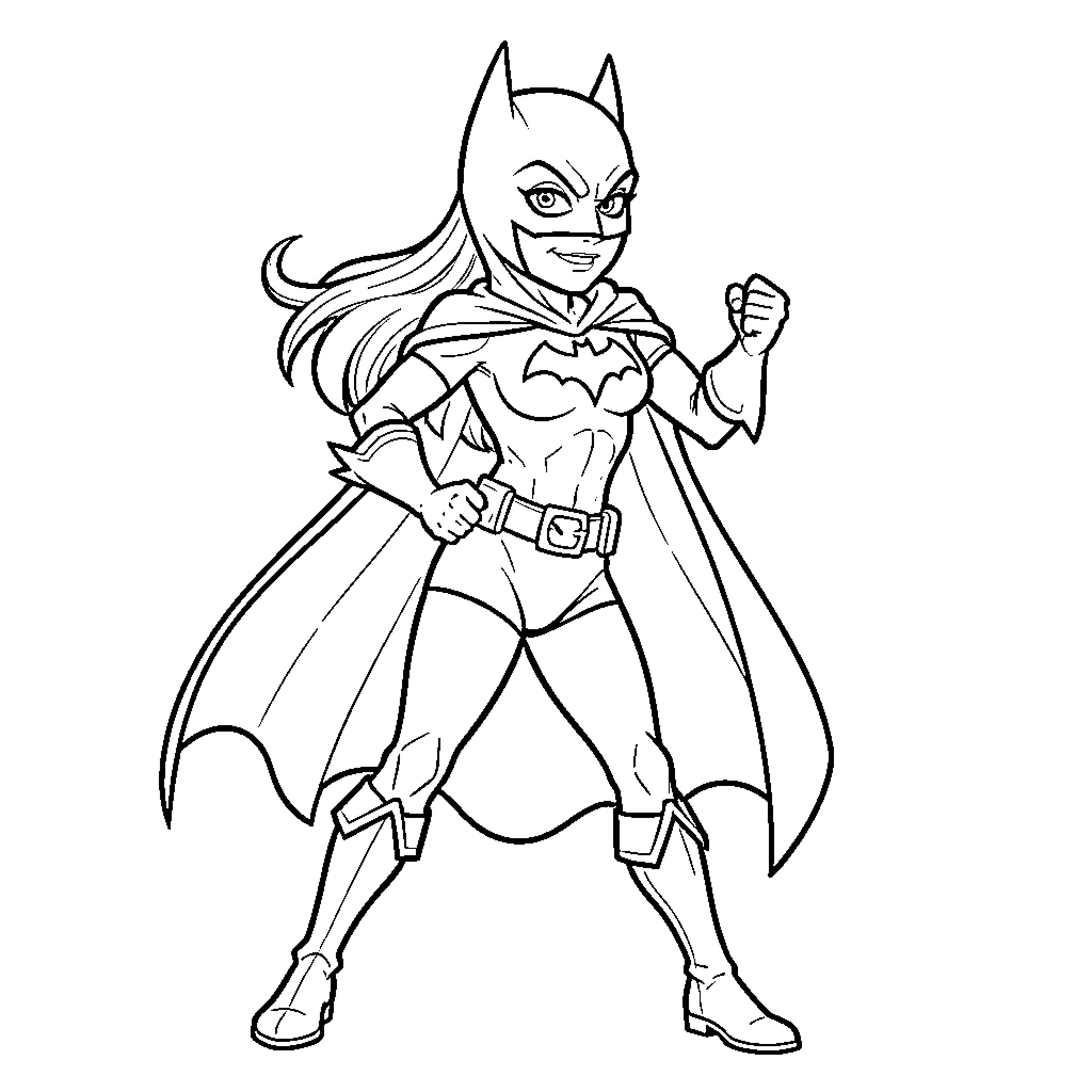 Batgirl Pandy posing heroically in a powerful stance Coloring Page (free black-and-white line drawing printable PDF for all, from beginners to advanced learners, including children, teens, adults, and seniors)