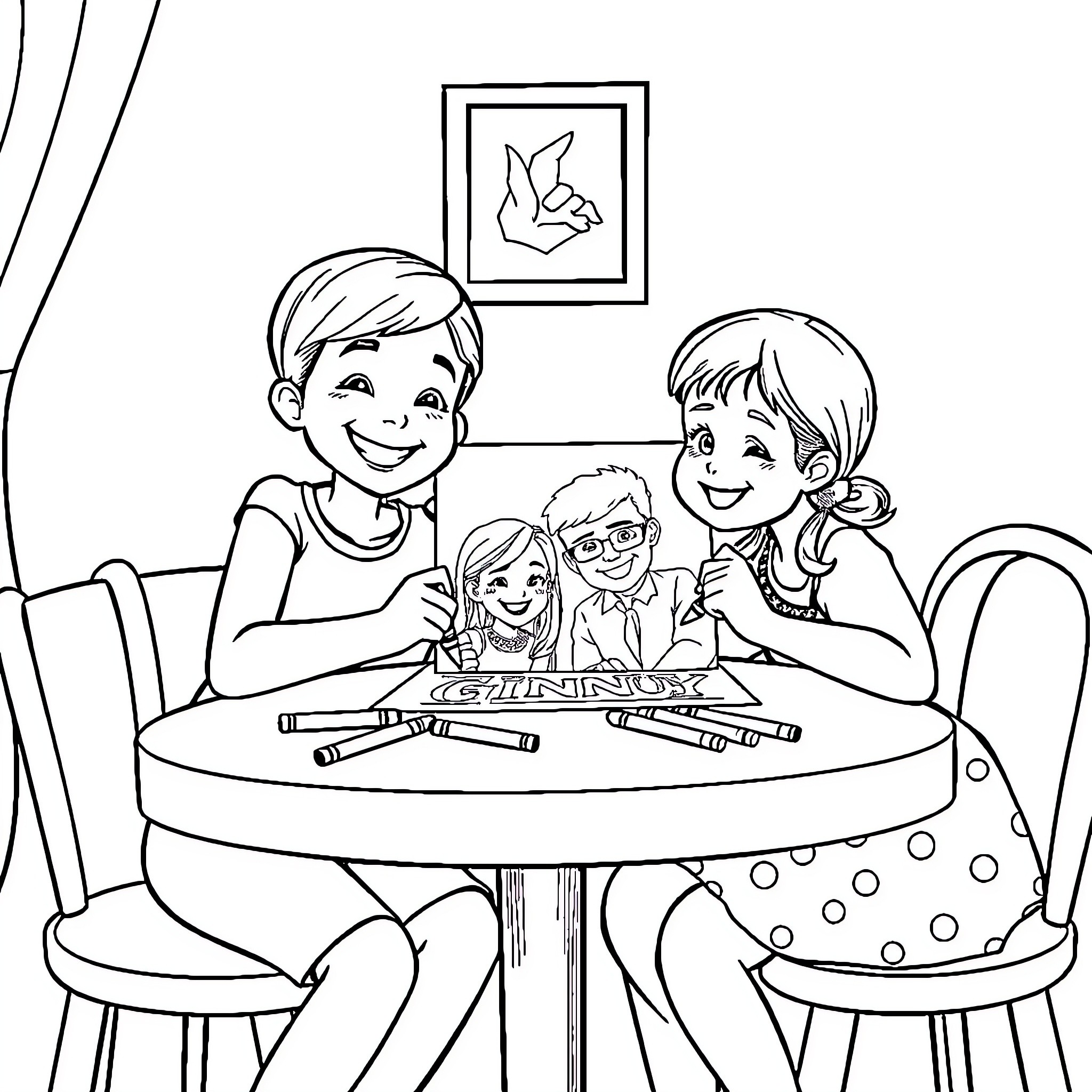 Ginny's Family Drawing Together at Home Coloring Page (free black-and-white line drawing printable PDF for all, from beginners to advanced learners, including children, teens, adults, and seniors)