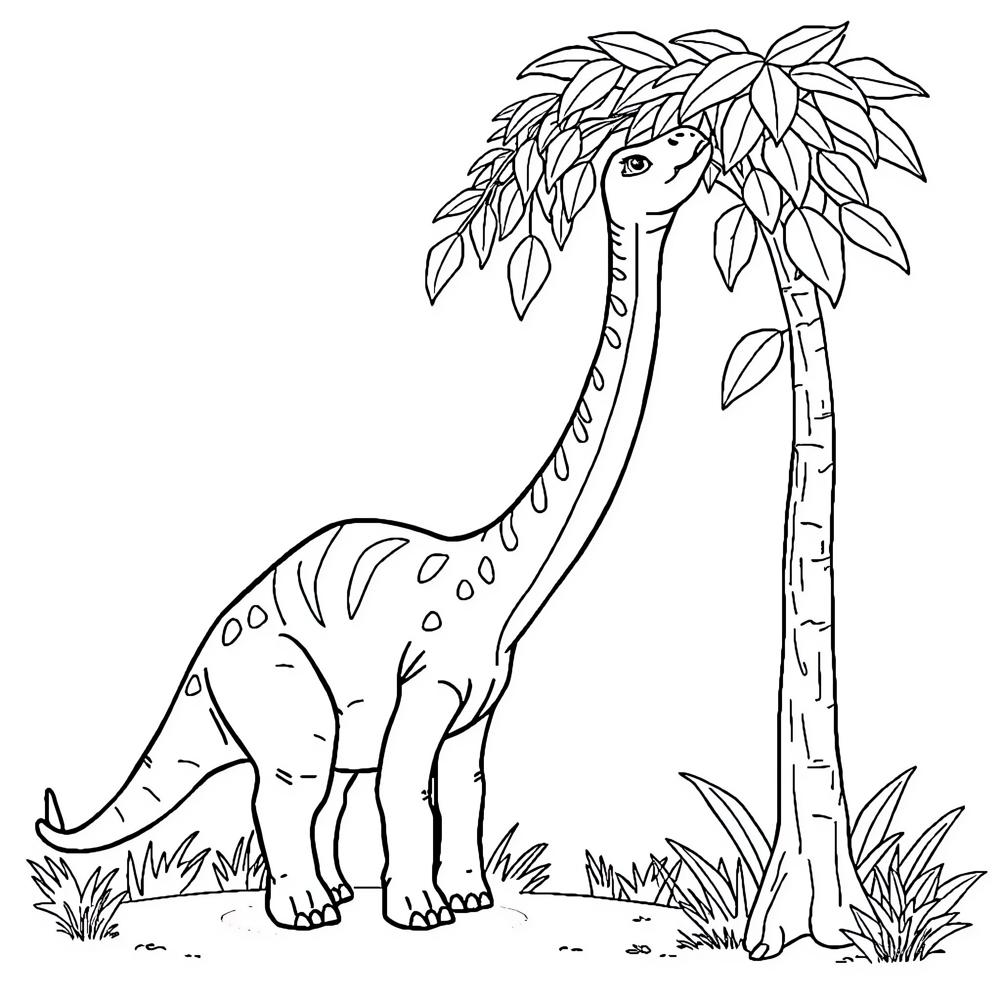 Brachiosaurus in a lush jungle setting Coloring Page (free black-and-white line drawing printable PDF for all, from beginners to advanced learners, including children, teens, adults, and seniors)