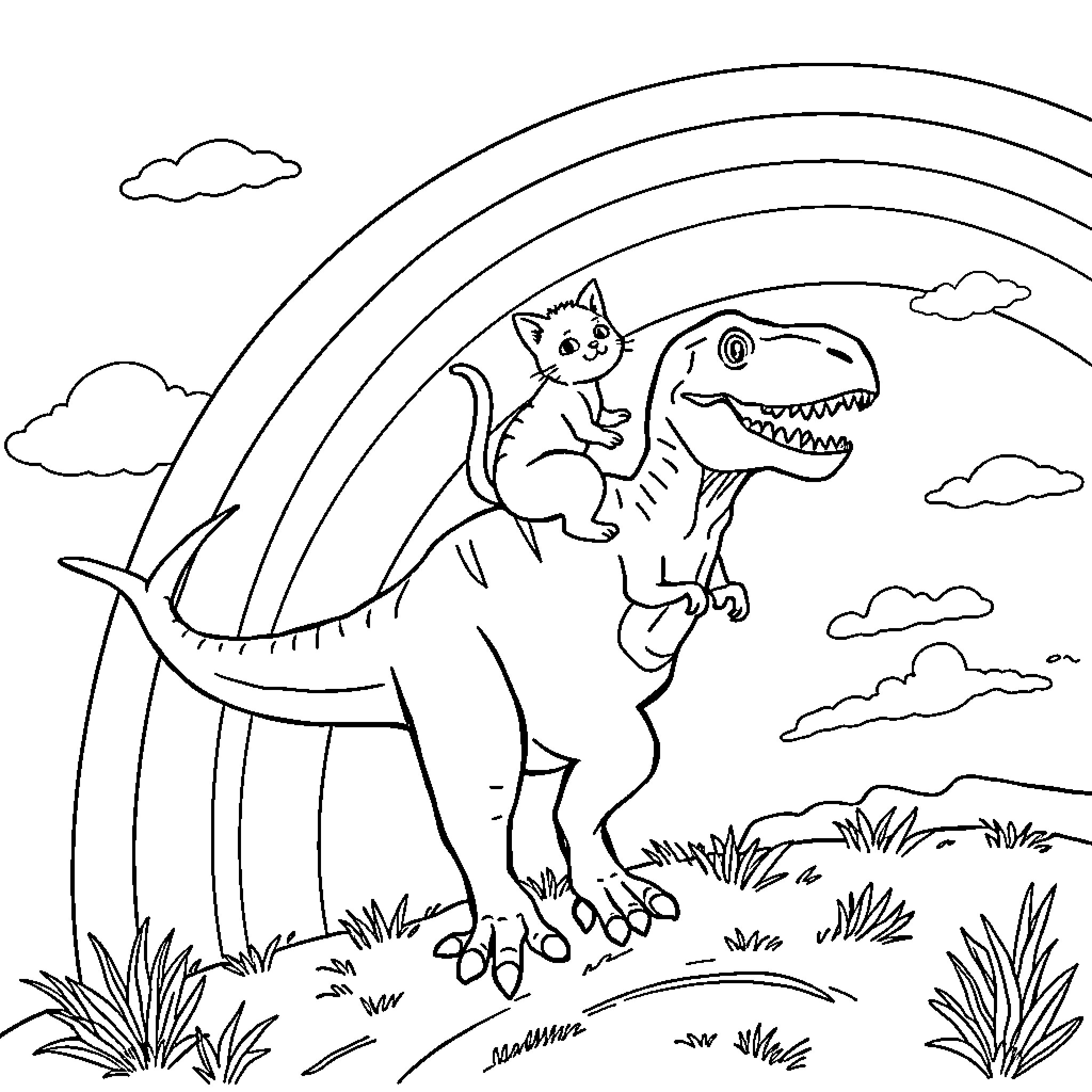 Cat riding on a dinosaur under a rainbow Coloring Page (free black-and-white line drawing printable PDF for all, from beginners to advanced learners, including children, teens, adults, and seniors)