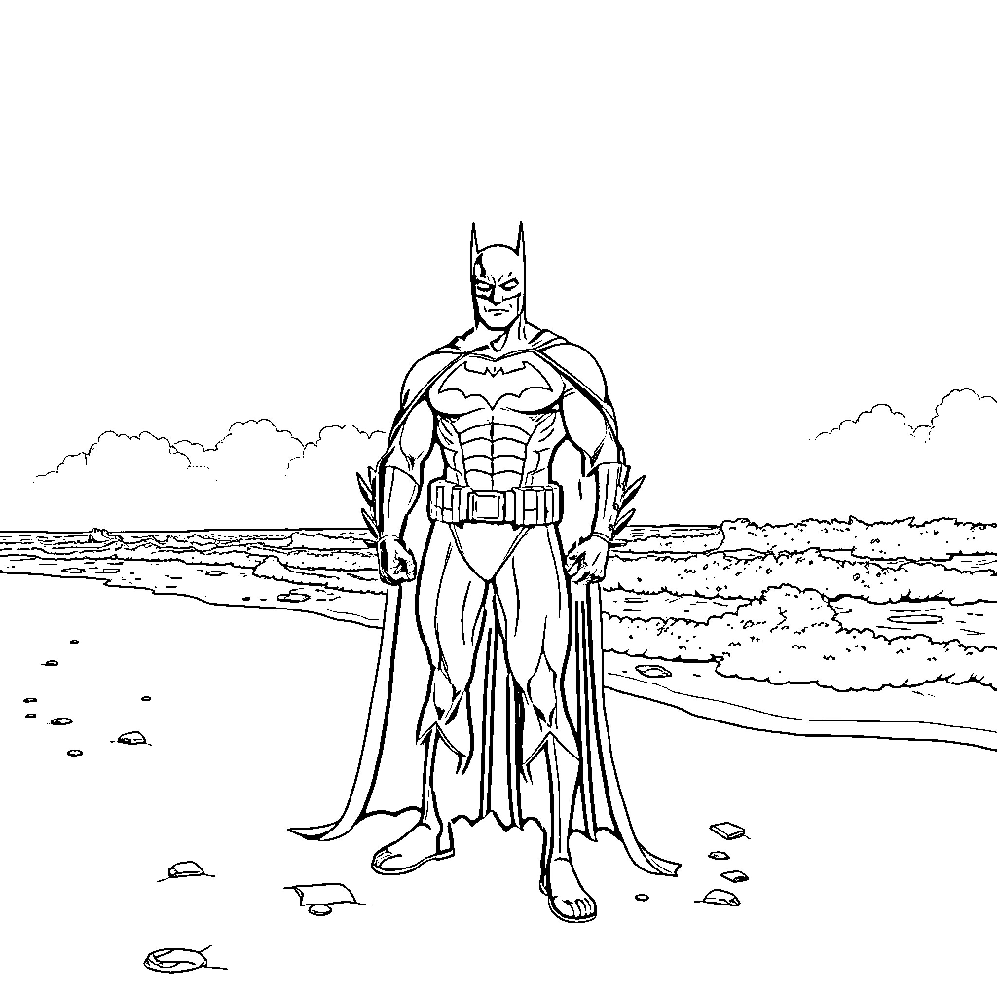 Batman standing heroically on the beach Coloring Page (free black-and-white line drawing printable PDF for all, from beginners to advanced learners, including children, teens, adults, and seniors)