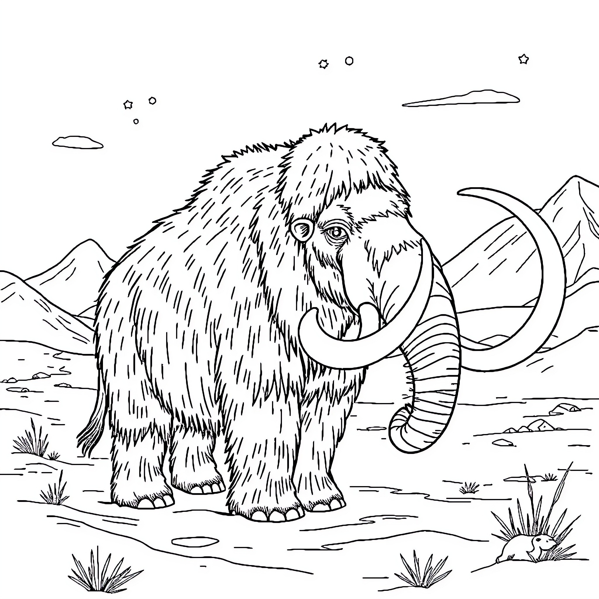 Mammoth wandering through the prehistoric landscape Coloring Page (free black-and-white line drawing printable PDF for all, from beginners to advanced learners, including children, teens, adults, and seniors)
