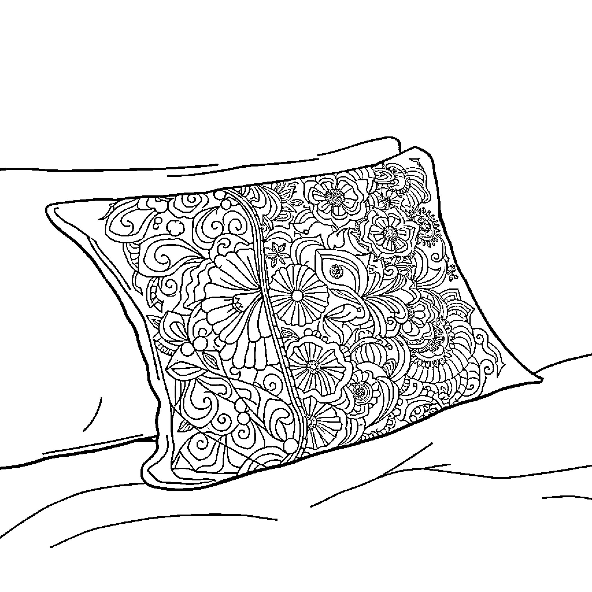Pillow with intricate floral patterns Coloring Page (free black-and-white line drawing printable PDF for all, from beginners to advanced learners, including children, teens, adults, and seniors)