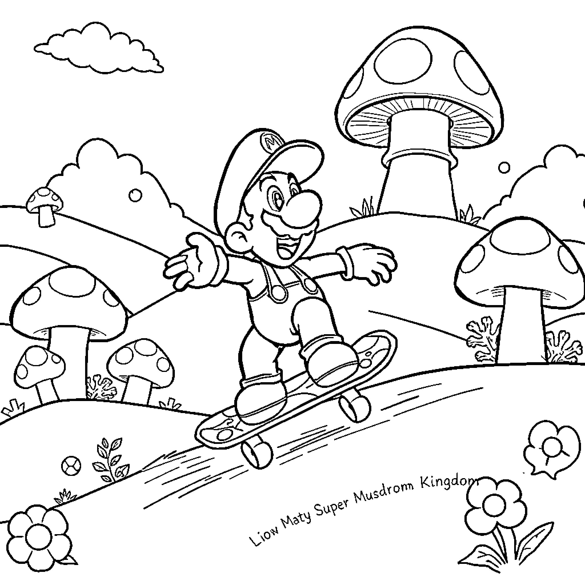 Super Mario adventuring in the mushroom kingdom Coloring Page (free black-and-white line drawing printable PDF for all, from beginners to advanced learners, including children, teens, adults, and seniors)