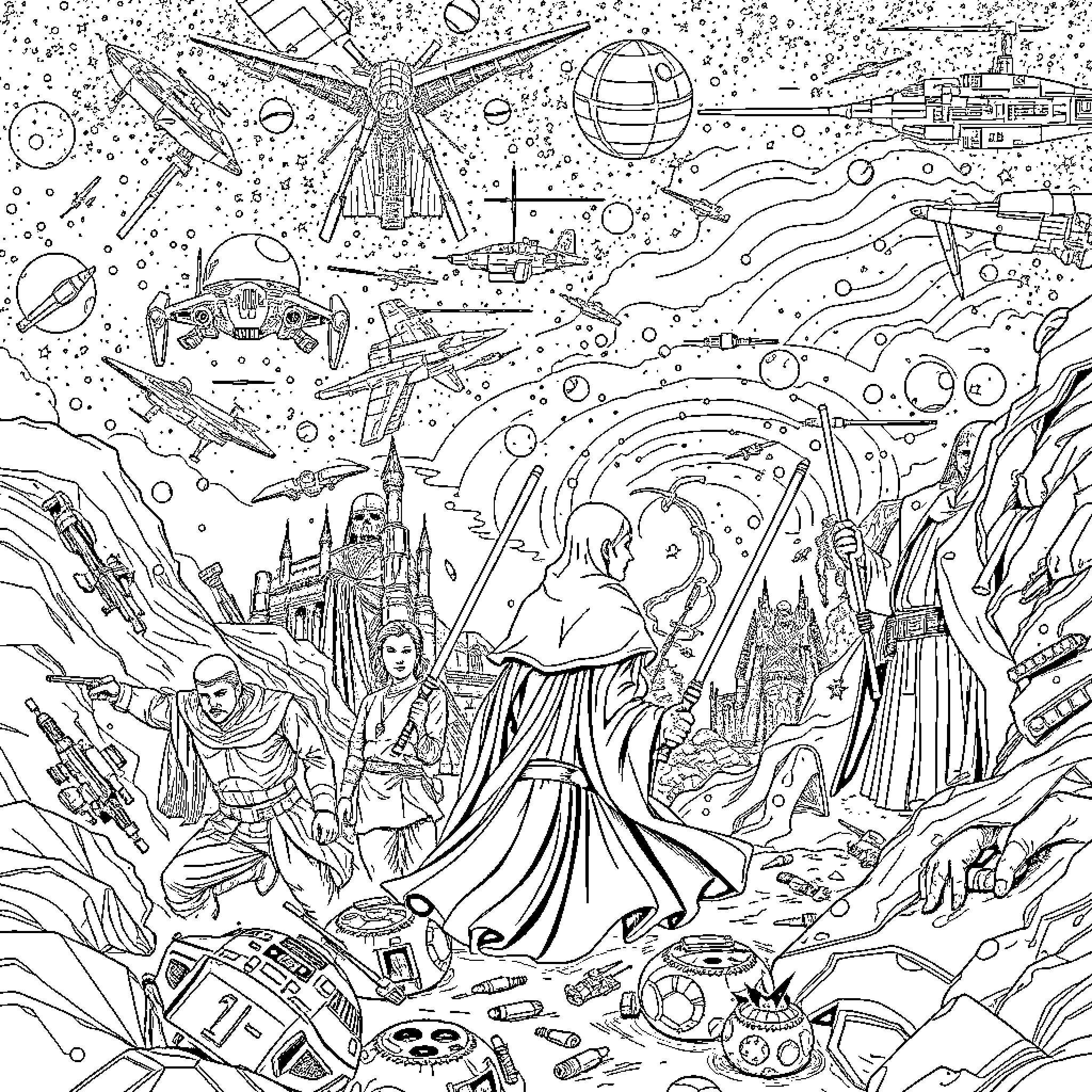 Star Wars: Epic Intergalactic Adventure Coloring Page (free black-and-white line drawing printable PDF for all, from beginners to advanced learners, including children, teens, adults, and seniors)