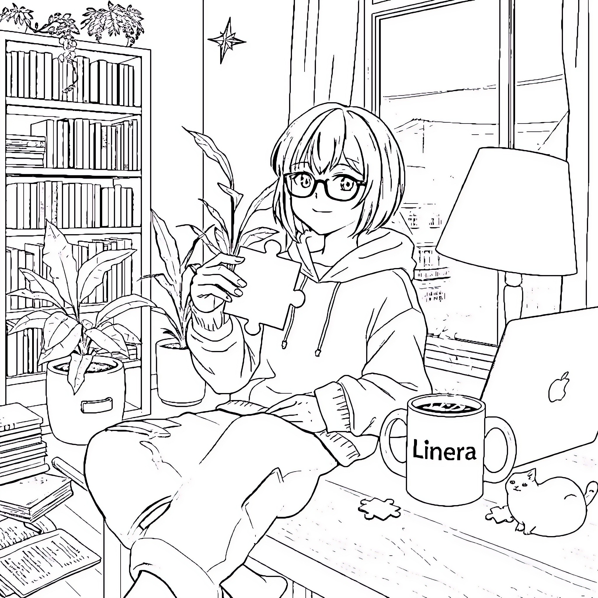 Woman relaxing with a book in a cozy study Coloring Page (free black-and-white line drawing printable PDF for all, from beginners to advanced learners, including children, teens, adults, and seniors)
