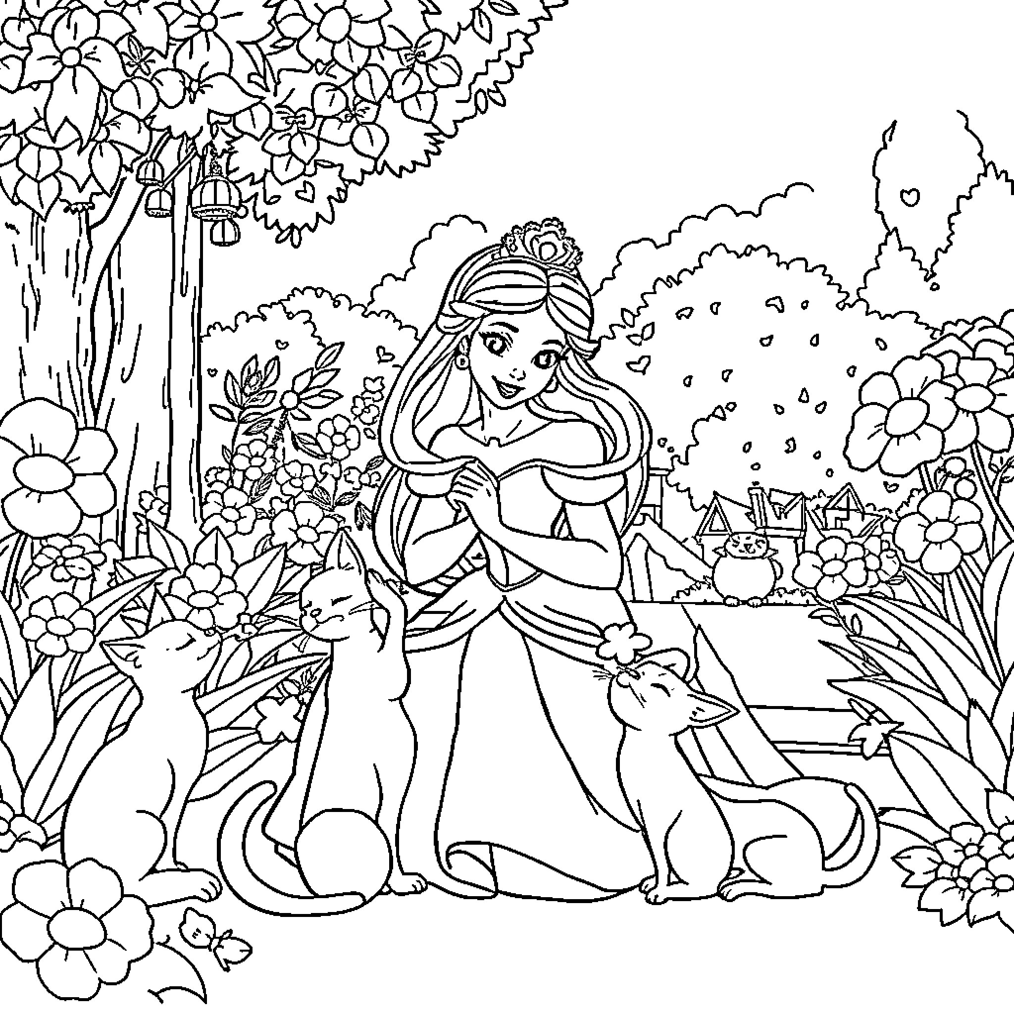 Disney Princess in a Floral Garden with Woodland Animals Coloring Page (free black-and-white line drawing printable PDF for all, from beginners to advanced learners, including children, teens, adults, and seniors)