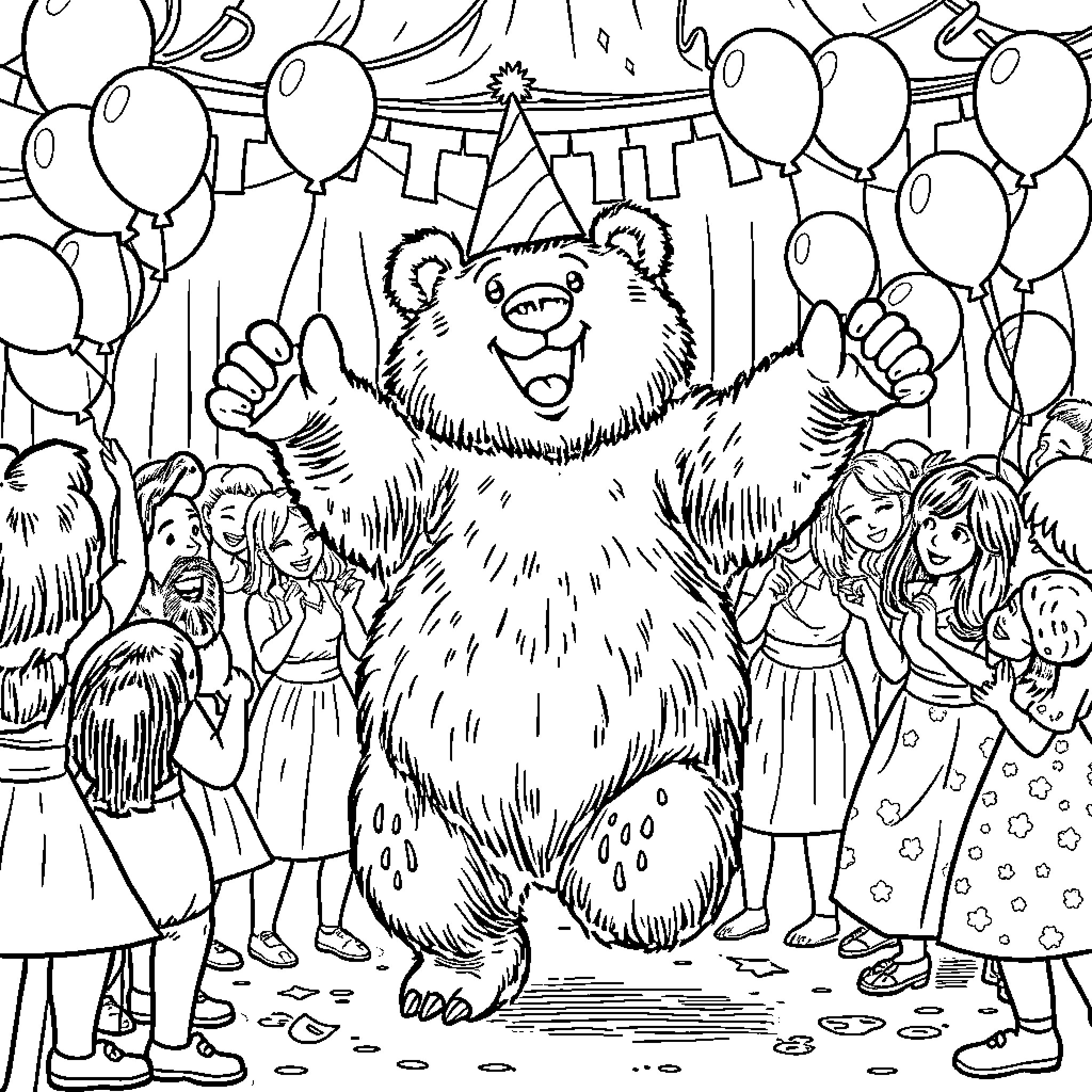 Bear celebrating happily with a crowd Coloring Page (free black-and-white line drawing printable PDF for all, from beginners to advanced learners, including children, teens, adults, and seniors)