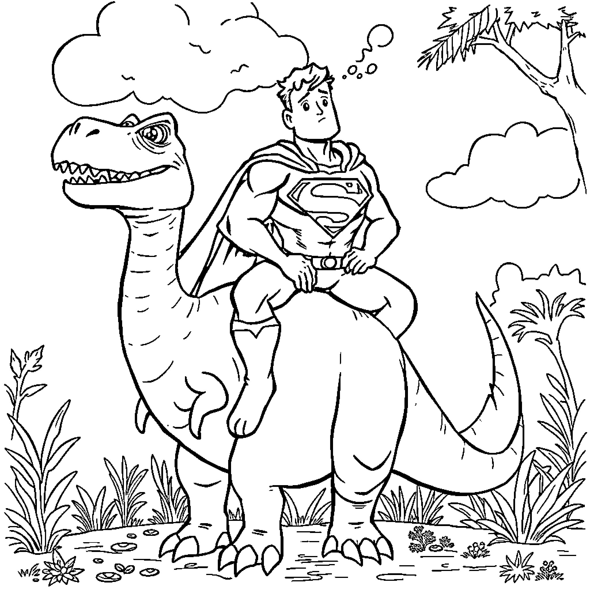 Superman riding a friendly dinosaur in nature Coloring Page (free black-and-white line drawing printable PDF for all, from beginners to advanced learners, including children, teens, adults, and seniors)