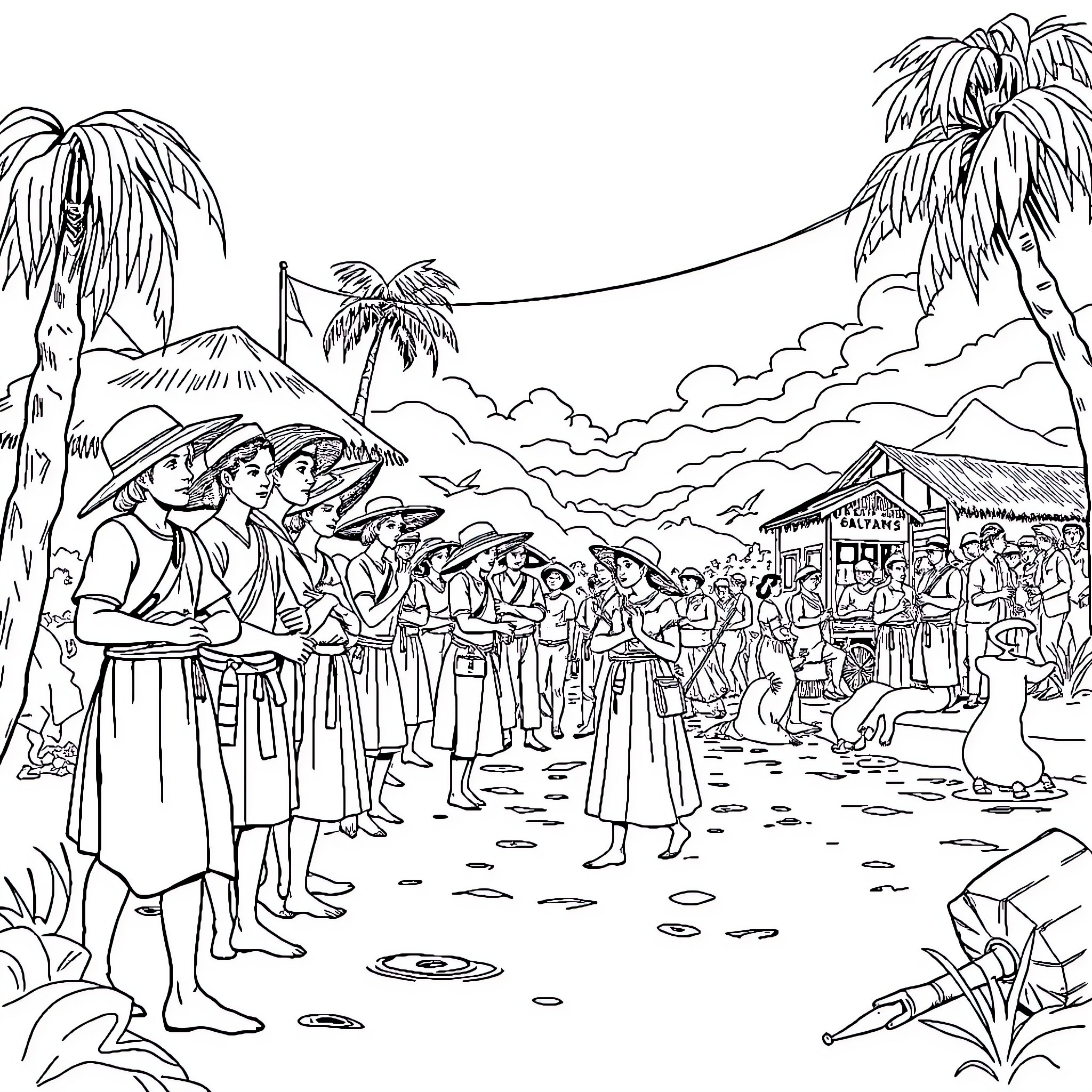 Colonial Period Gathering of Diverse Figures in Tropical Landscape Coloring Page (free black-and-white line drawing printable PDF for all, from beginners to advanced learners, including children, teens, adults, and seniors)