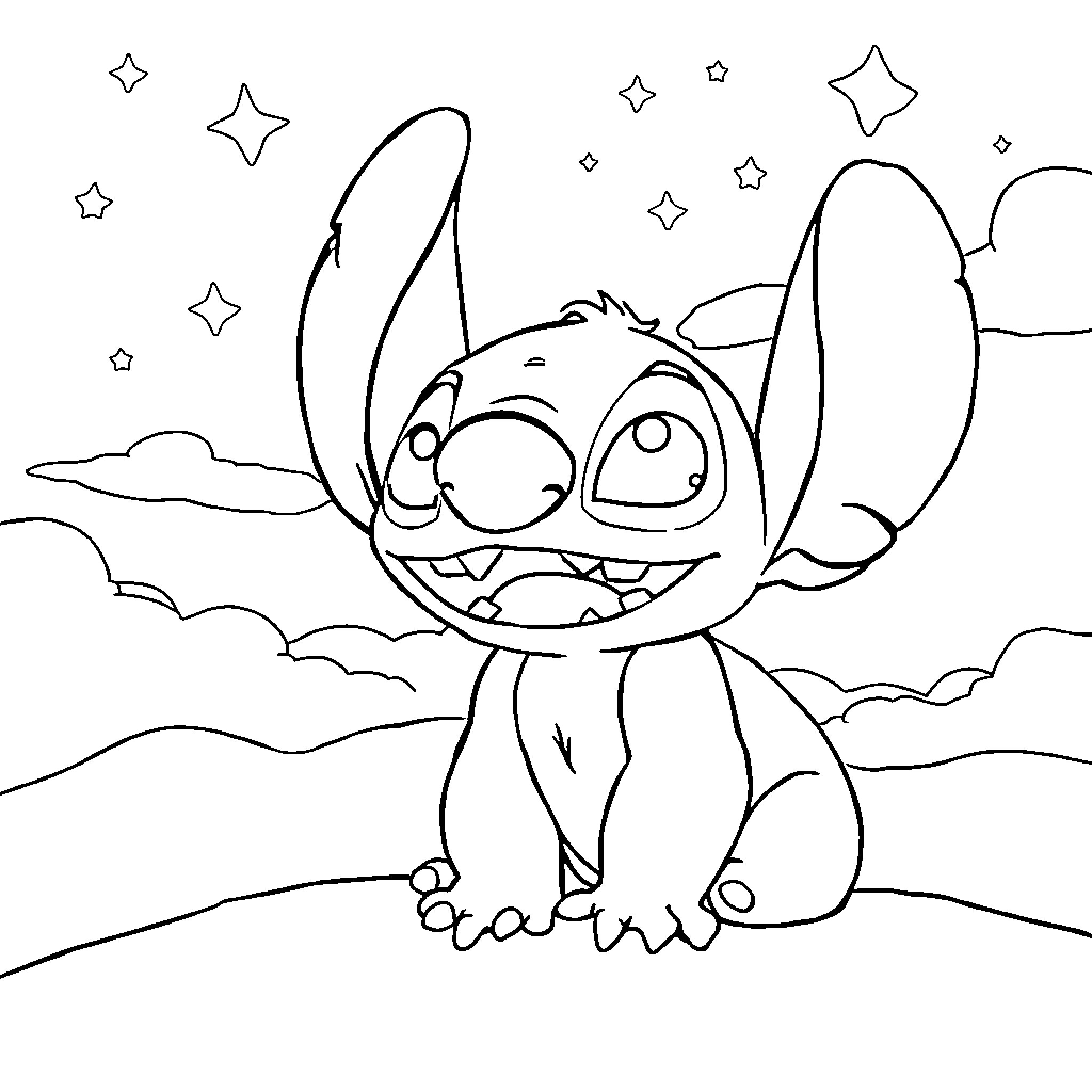 Stitch playing in the starry night Coloring Page (free black-and-white line drawing printable PDF for all, from beginners to advanced learners, including children, teens, adults, and seniors)