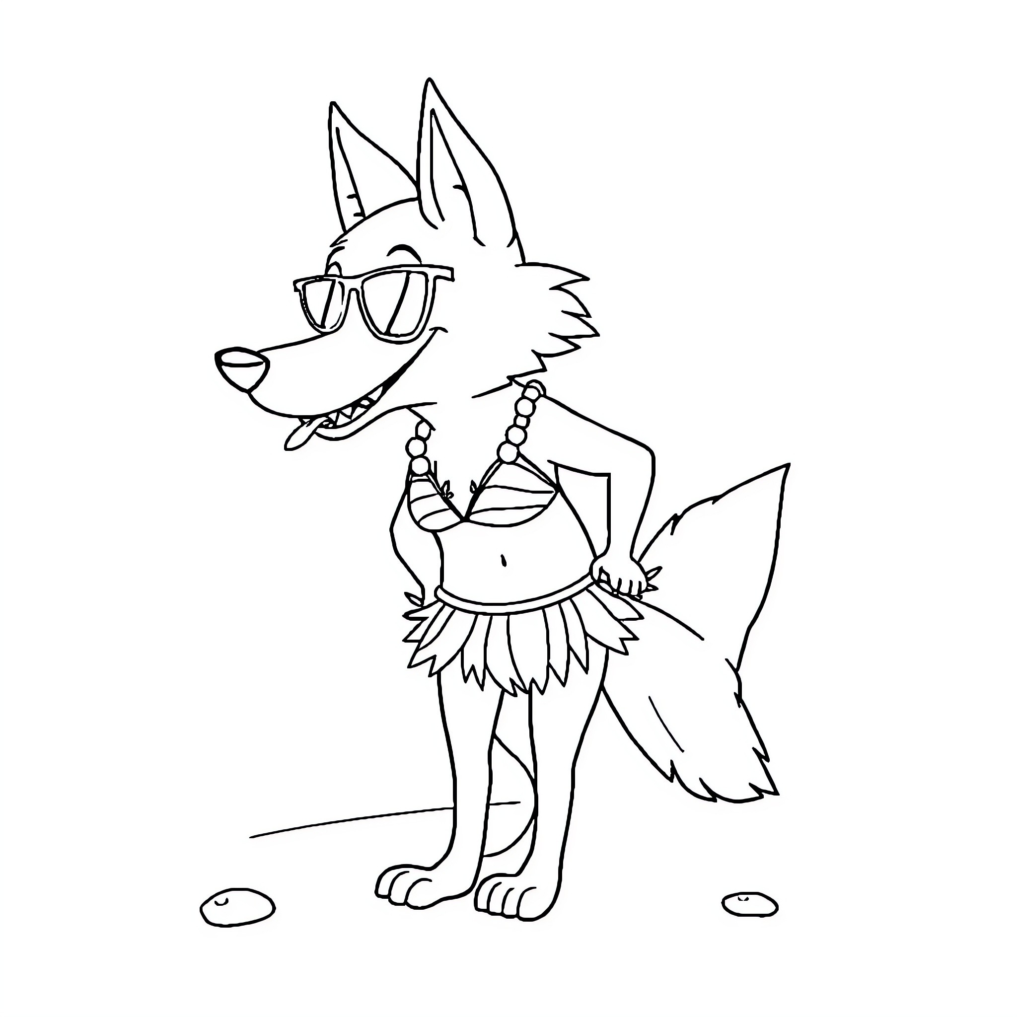 Wolf wearing sunglasses and hula skirt dancing Coloring Page (free black-and-white line drawing printable PDF for all, from beginners to advanced learners, including children, teens, adults, and seniors)
