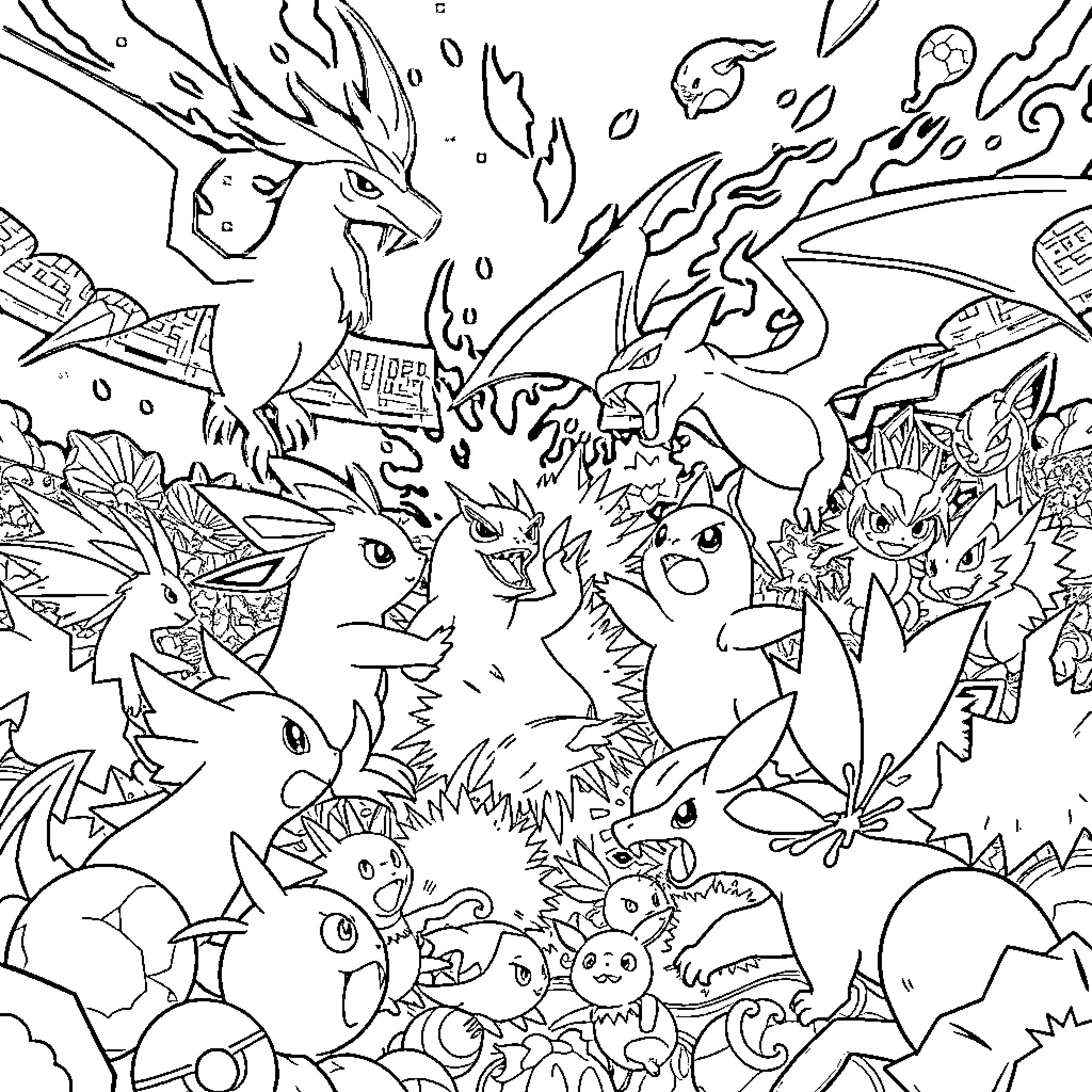 Pokémon characters in a fantastical scene Coloring Page (free black-and-white line drawing printable PDF for all, from beginners to advanced learners, including children, teens, adults, and seniors)